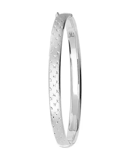 Silver Ladies Frosted Hinged Bangle Oval Diamond Cut Design | Shop Online Sarraf Jewellers UK