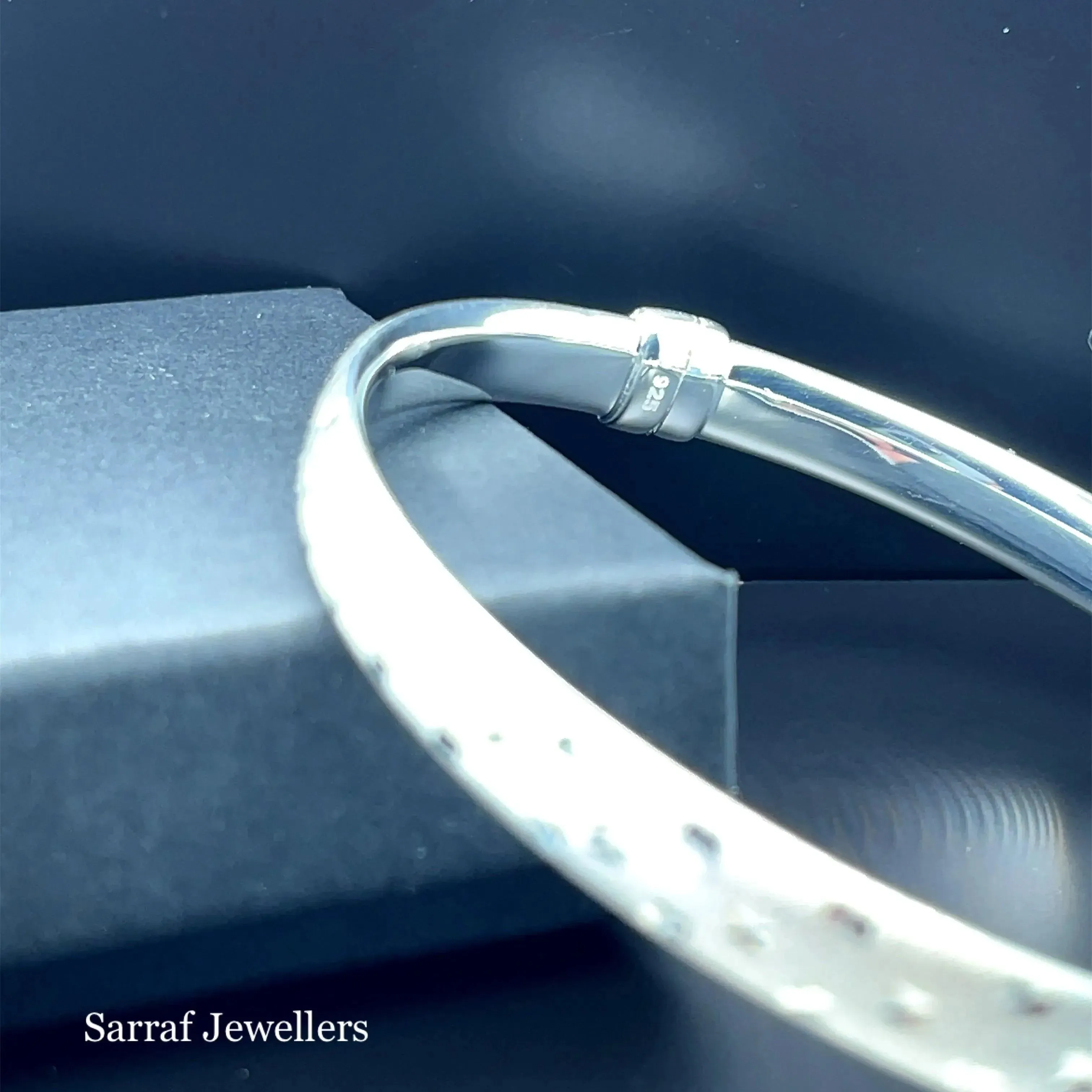 Silver Ladies Frosted Hinged Bangle Oval Diamond Cut Design | Shop Online Sarraf Jewellers UK