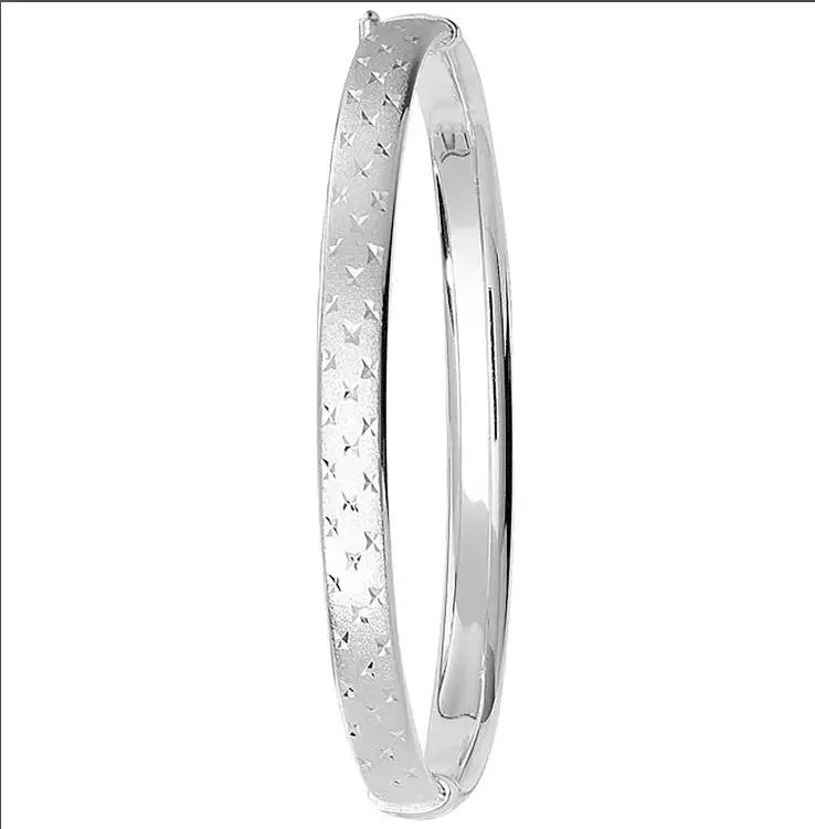 Silver Ladies Frosted Hinged Bangle Oval Diamond Cut Design | Shop Online Sarraf Jewellers UK