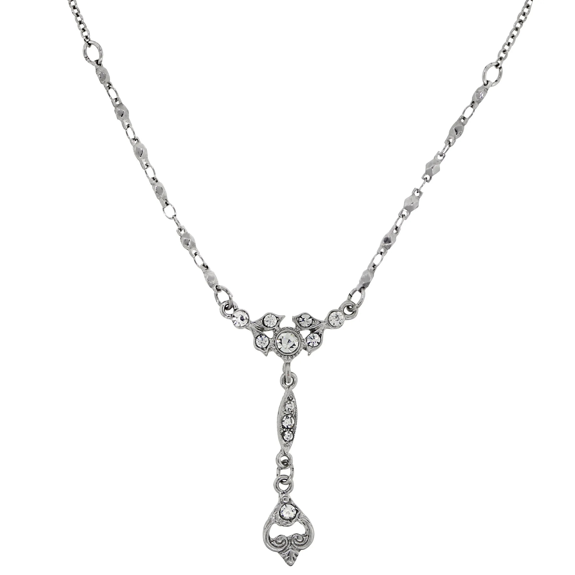 SILVER-TONE EDWARDIAN PAVE CRYSTAL Y DROP STATEMENT NECKLACE 16 ADJ.-17532