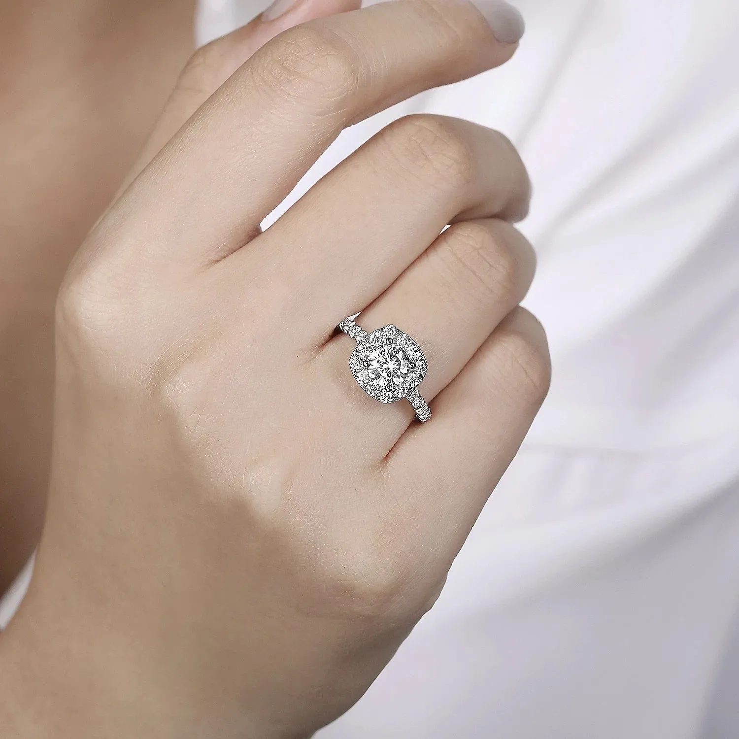Skylar - 14K White Gold Cushion Halo Round Diamond Engagement Ring