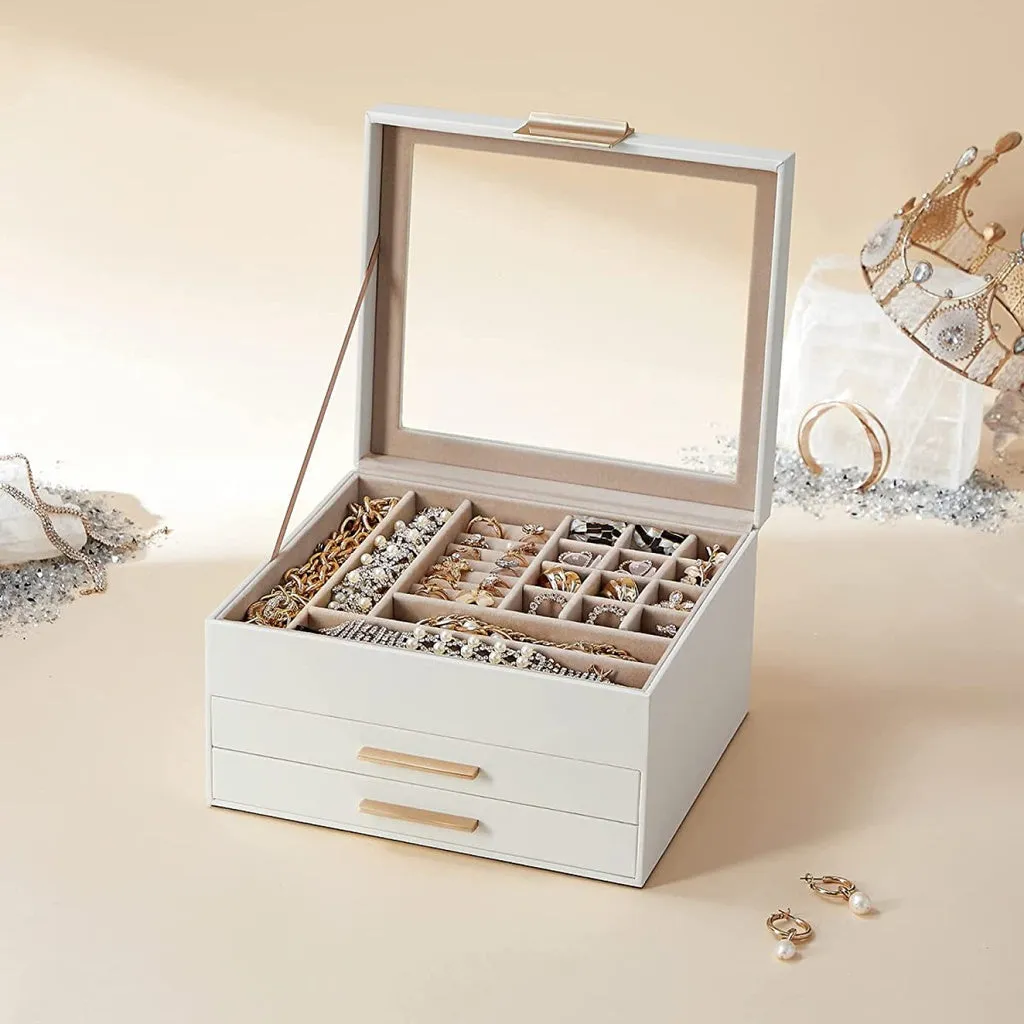 SONGMICS Jewelry Box 3-Layer with 2 Drawers Cloud White