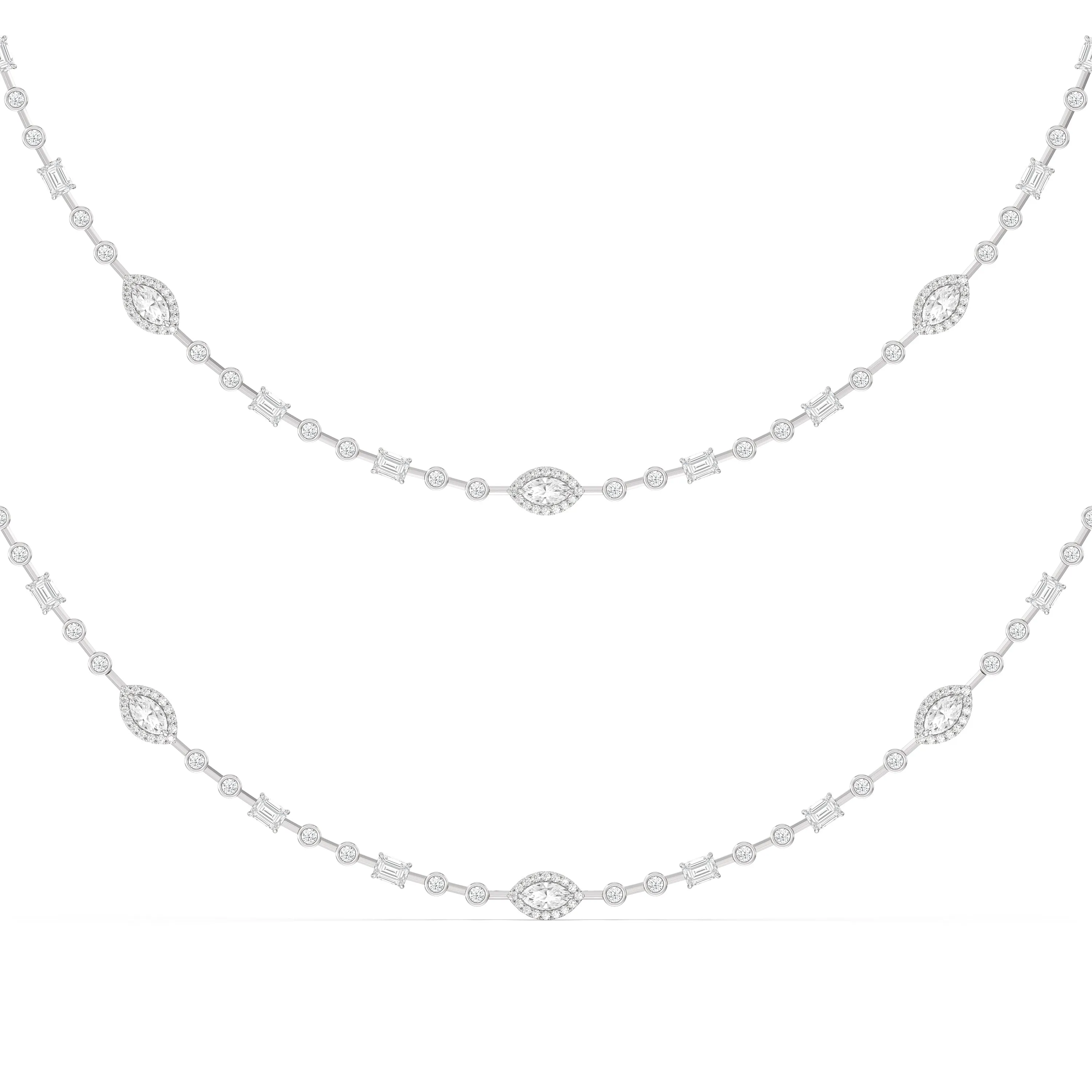 Statement Opera Two Row Multi Shape Halo Diamond Station Necklace