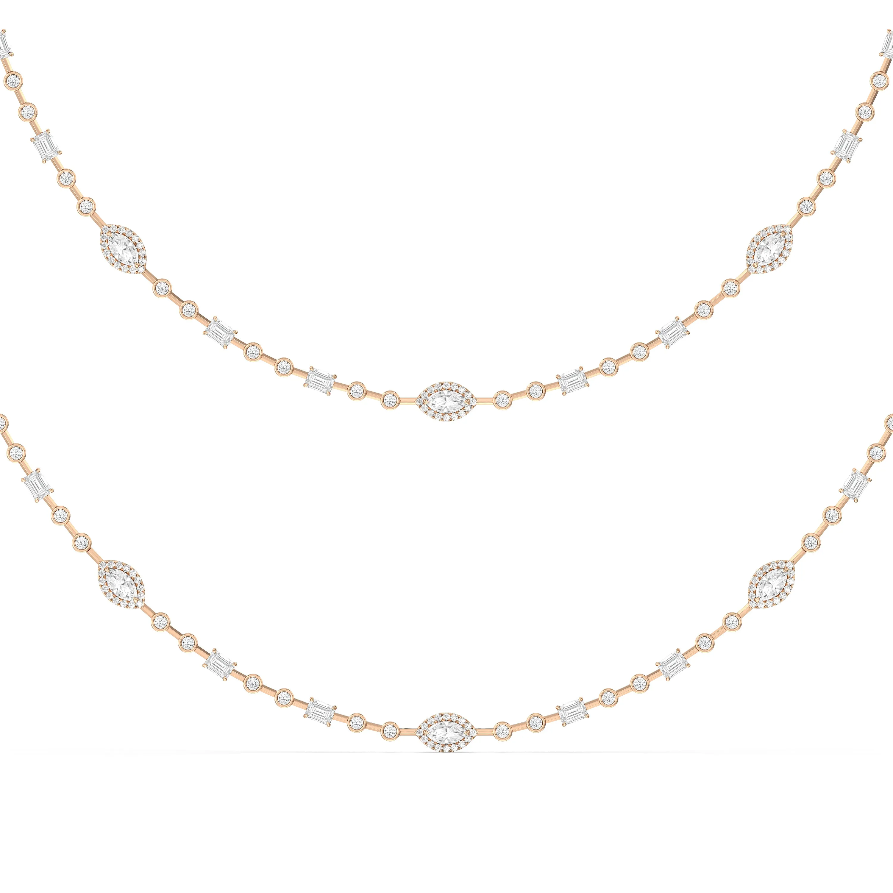 Statement Opera Two Row Multi Shape Halo Diamond Station Necklace