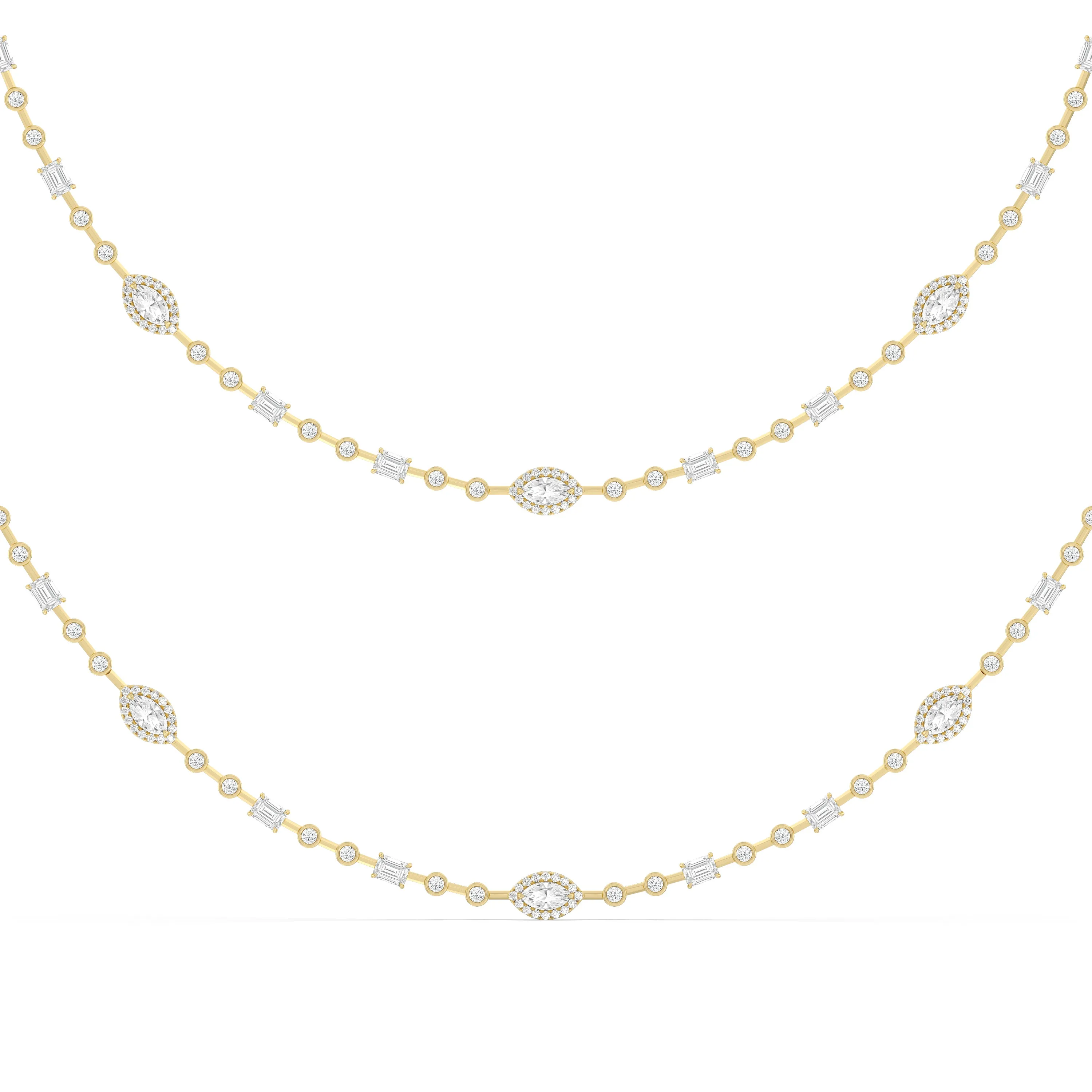 Statement Opera Two Row Multi Shape Halo Diamond Station Necklace