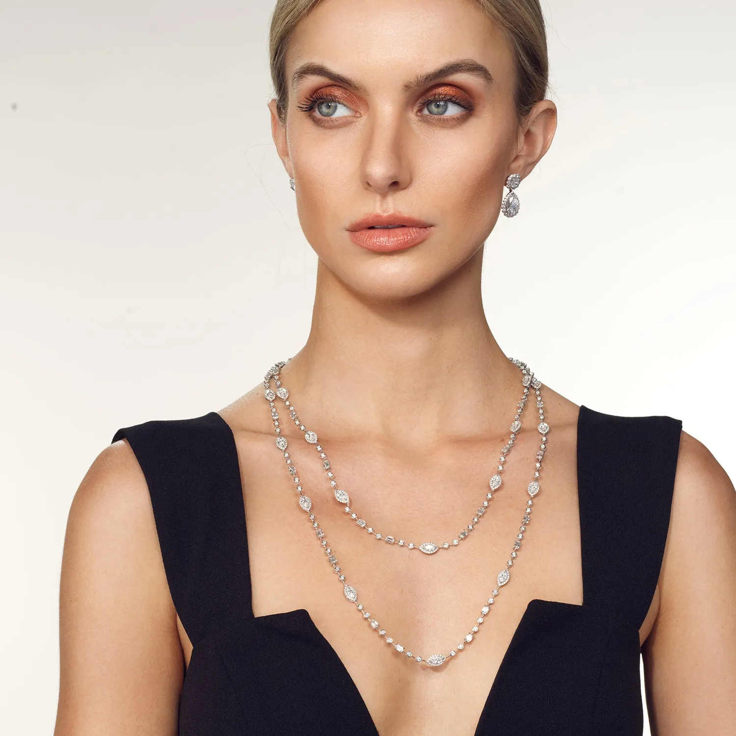 Statement Opera Two Row Multi Shape Halo Diamond Station Necklace