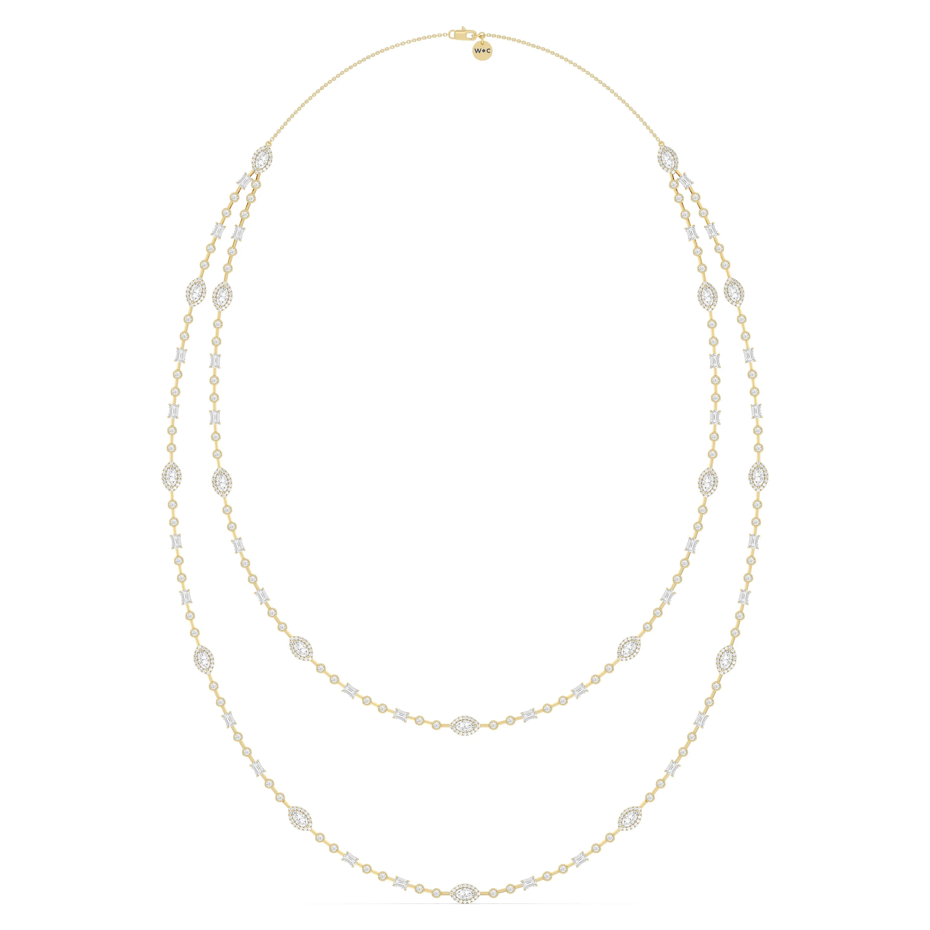 Statement Opera Two Row Multi Shape Halo Diamond Station Necklace