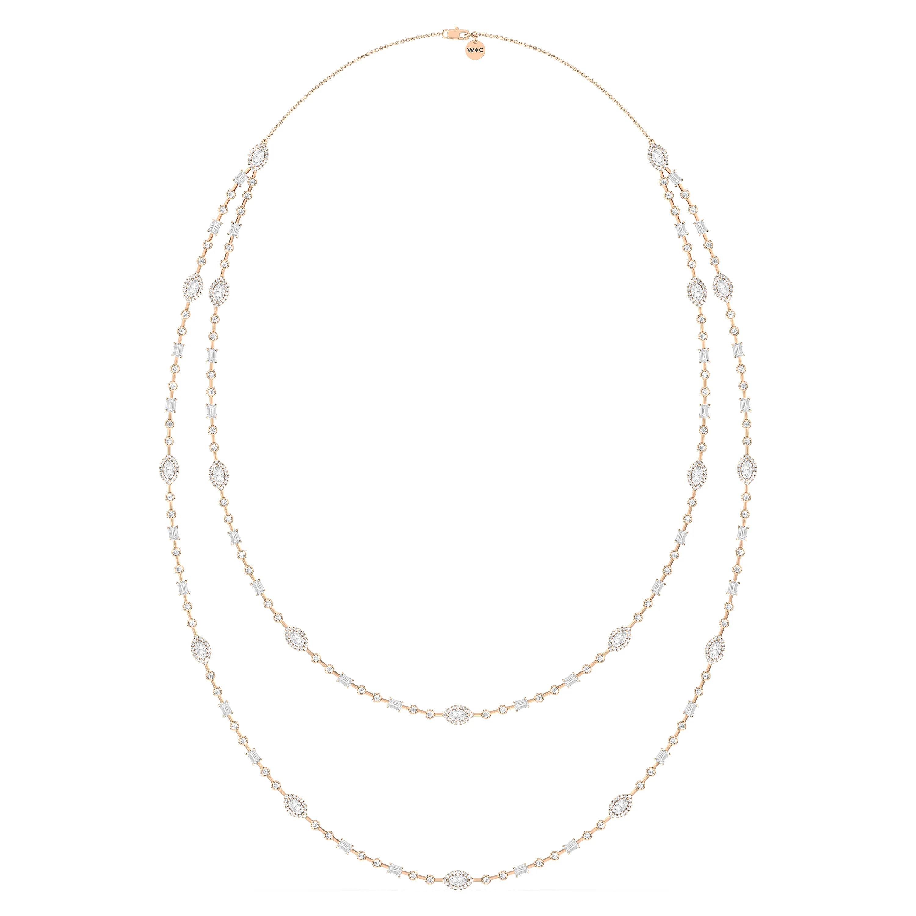 Statement Opera Two Row Multi Shape Halo Diamond Station Necklace