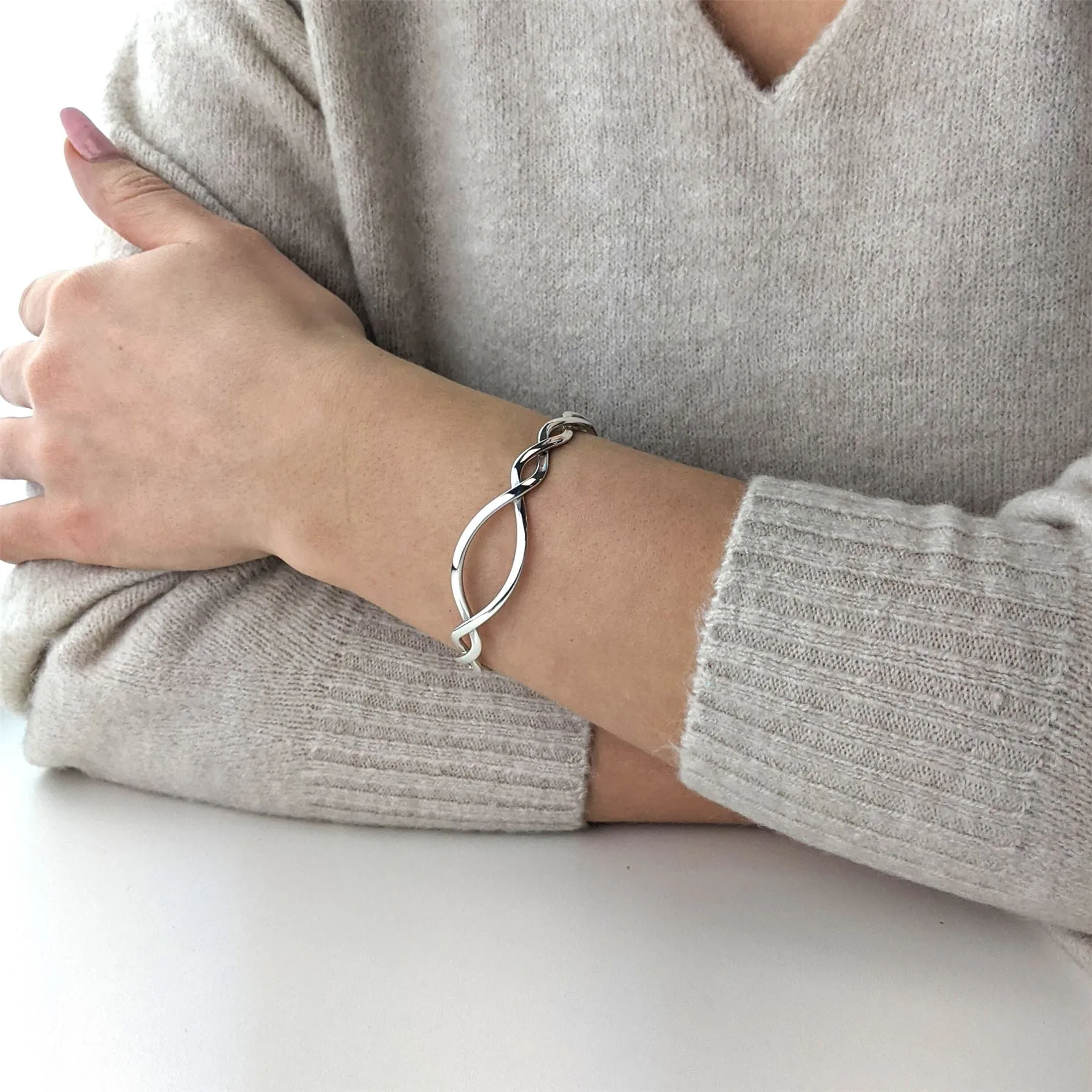 Sterling Silver Entwined Braided Adjustable Cuff Bangle - Wavy Twist Design