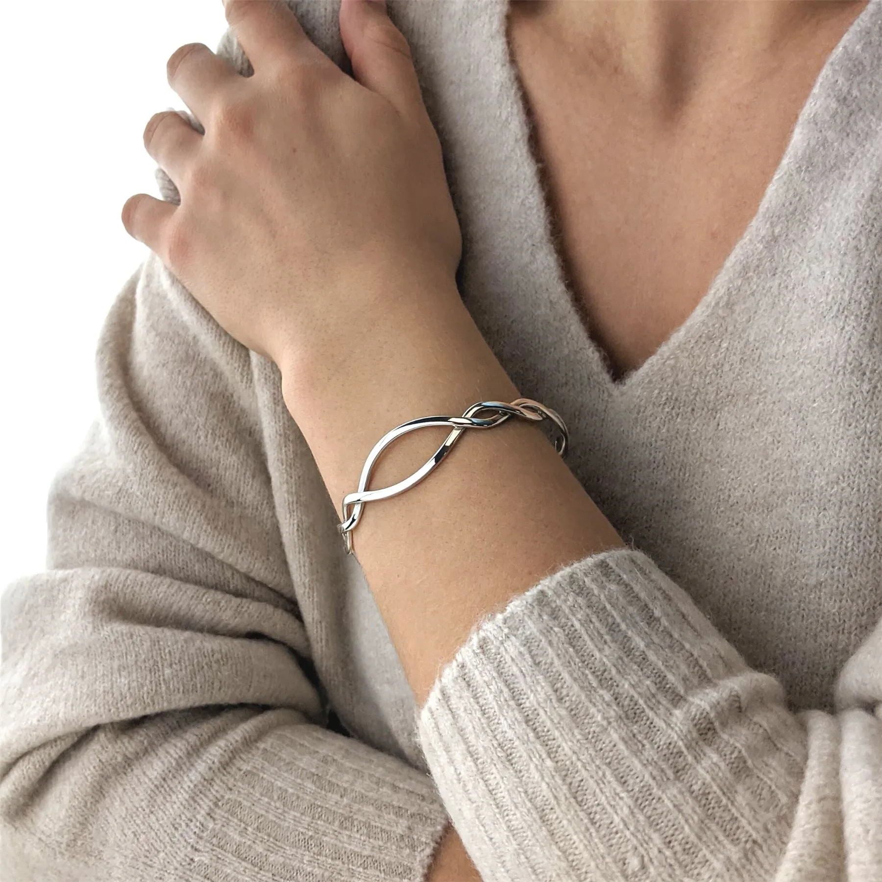Sterling Silver Entwined Braided Adjustable Cuff Bangle - Wavy Twist Design