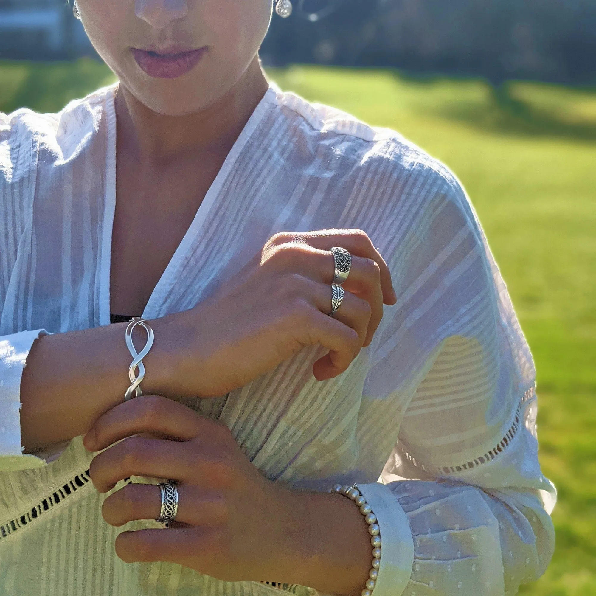 Sterling Silver Entwined Braided Adjustable Cuff Bangle - Wavy Twist Design