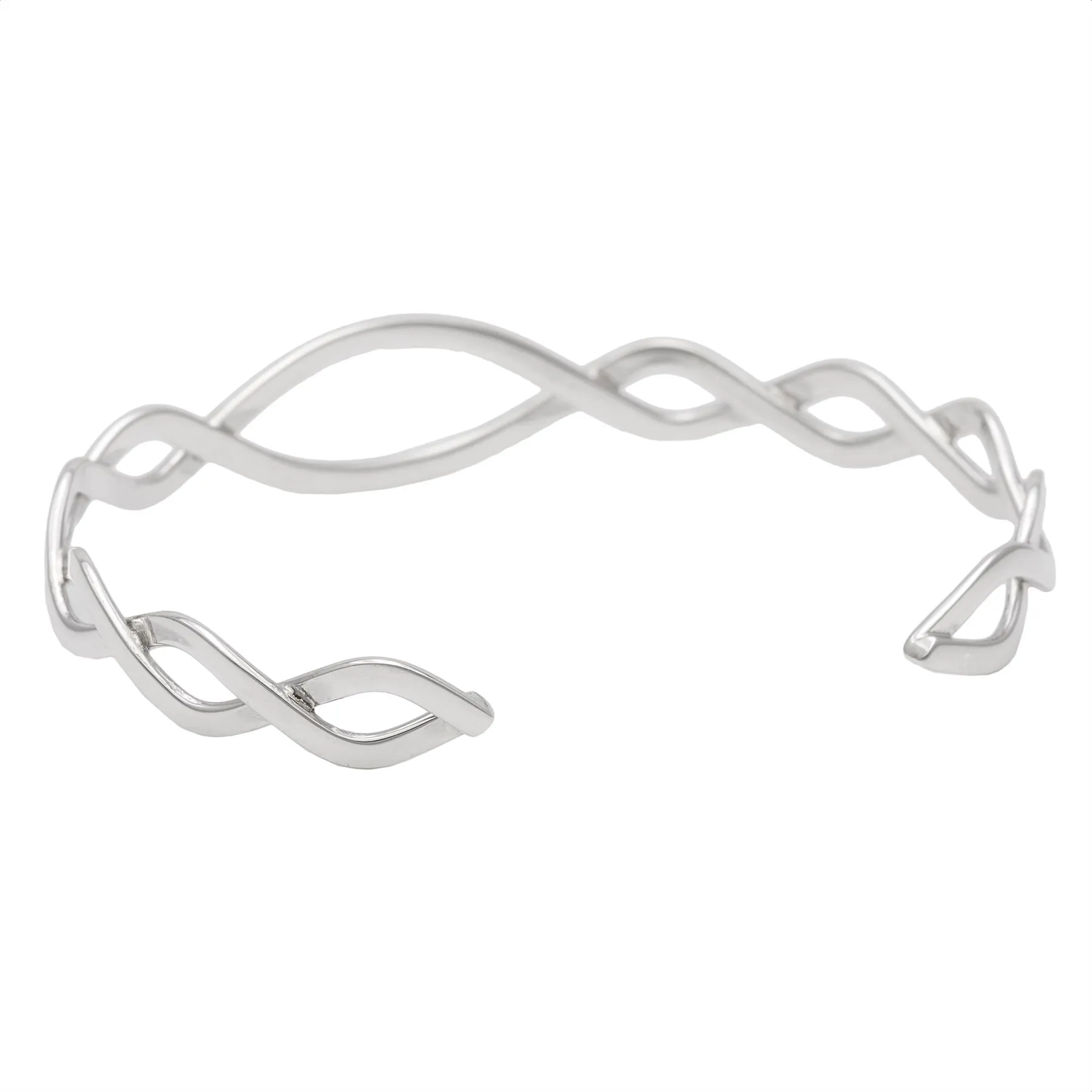 Sterling Silver Entwined Braided Adjustable Cuff Bangle - Wavy Twist Design
