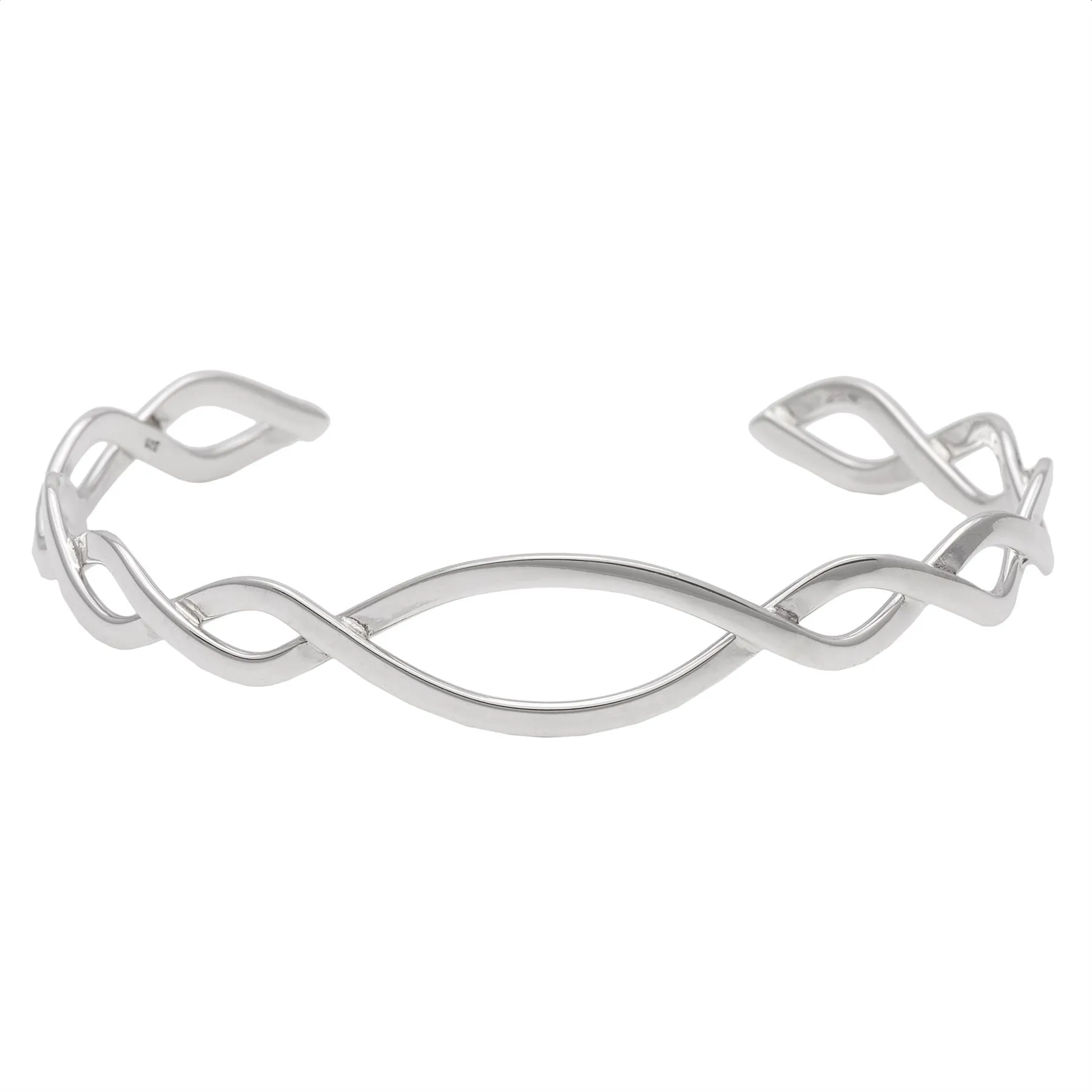 Sterling Silver Entwined Braided Adjustable Cuff Bangle - Wavy Twist Design