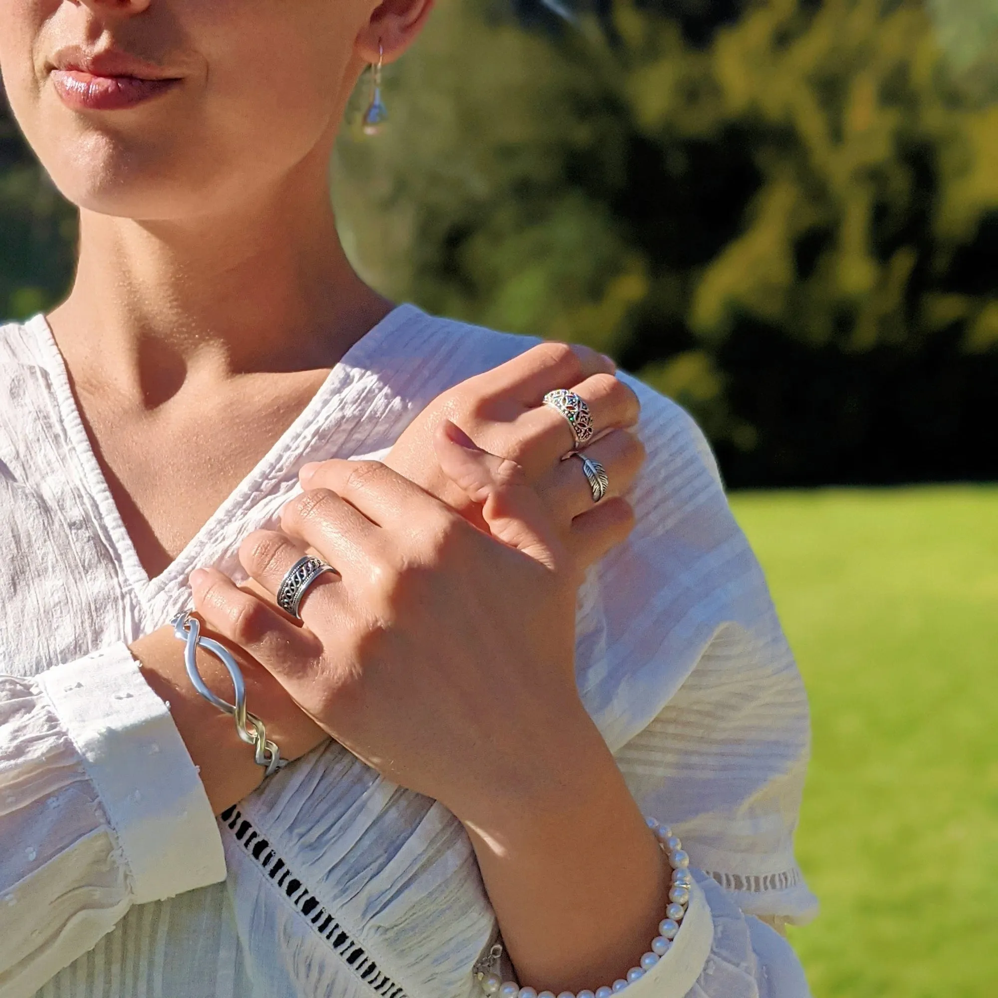 Sterling Silver Entwined Braided Adjustable Cuff Bangle - Wavy Twist Design