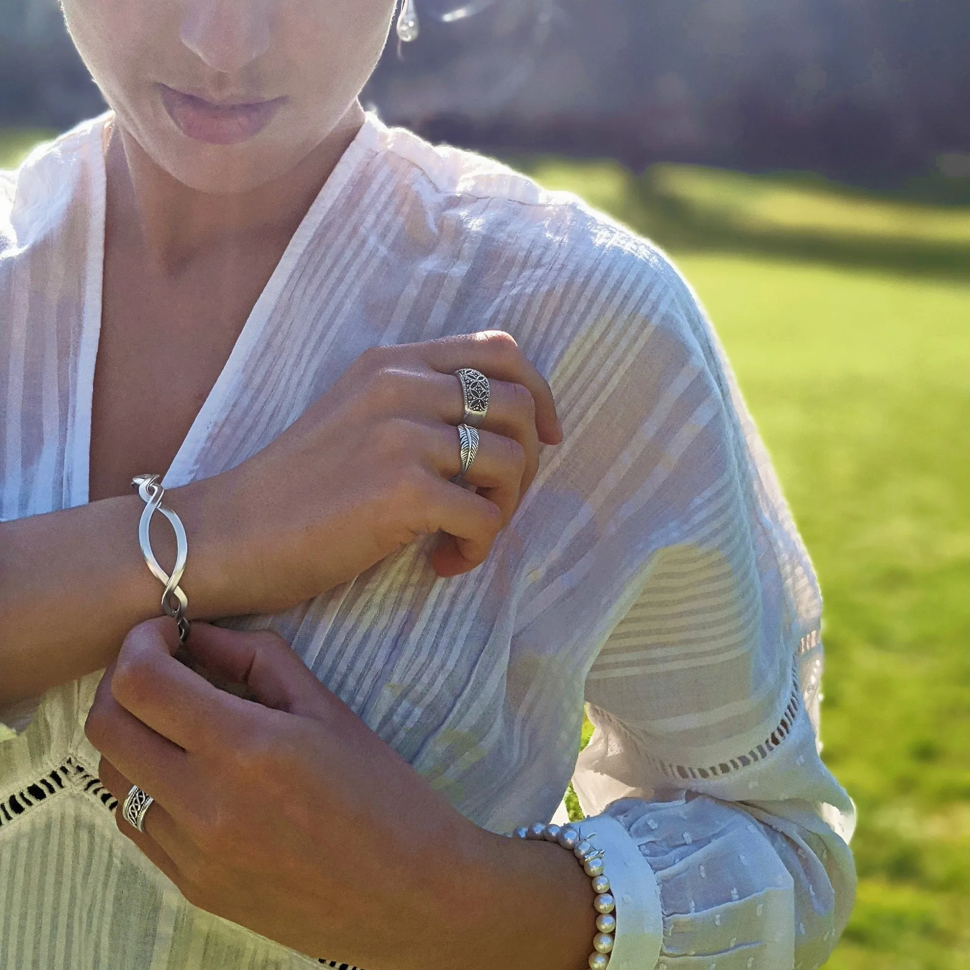 Sterling Silver Entwined Braided Adjustable Cuff Bangle - Wavy Twist Design