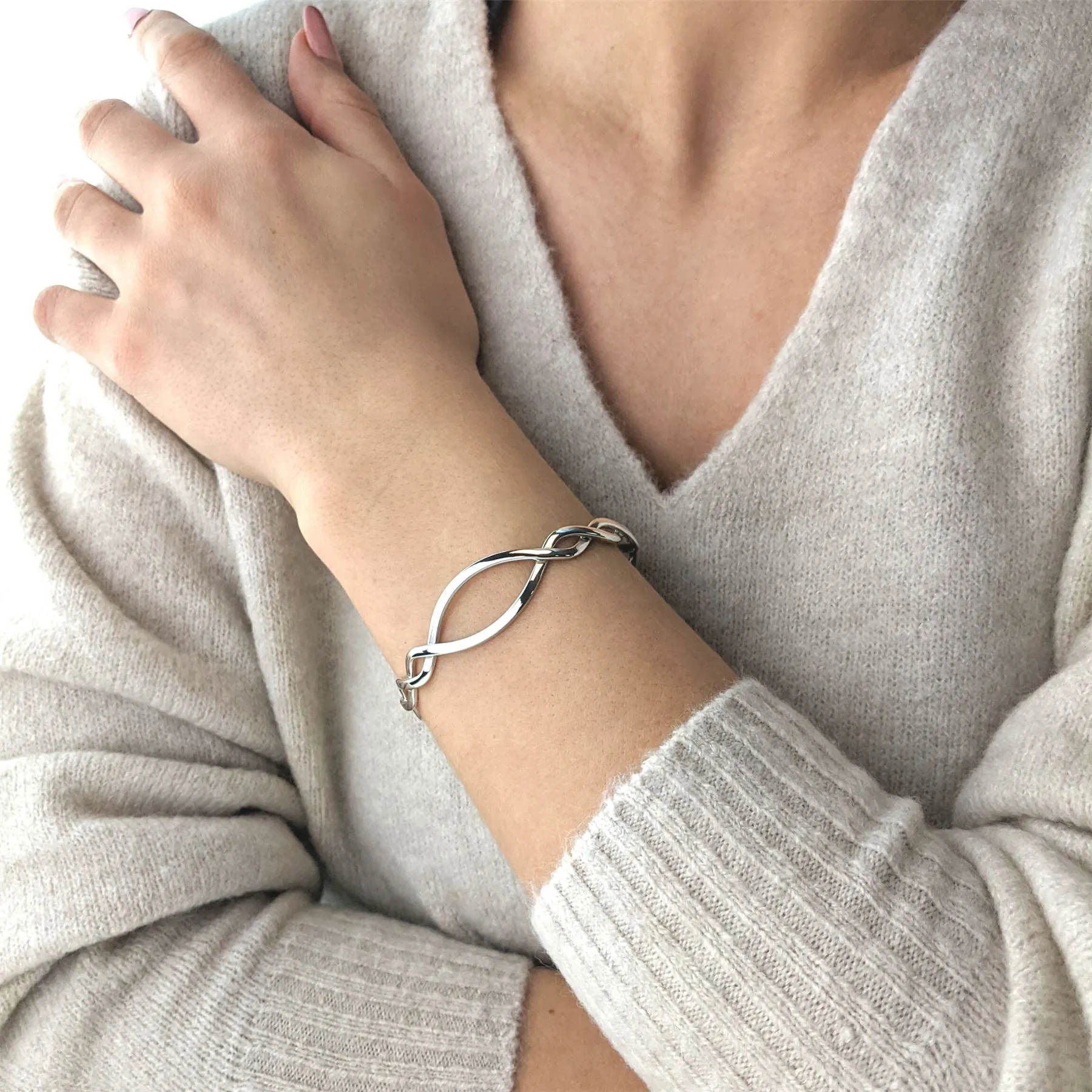 Sterling Silver Entwined Braided Adjustable Cuff Bangle - Wavy Twist Design