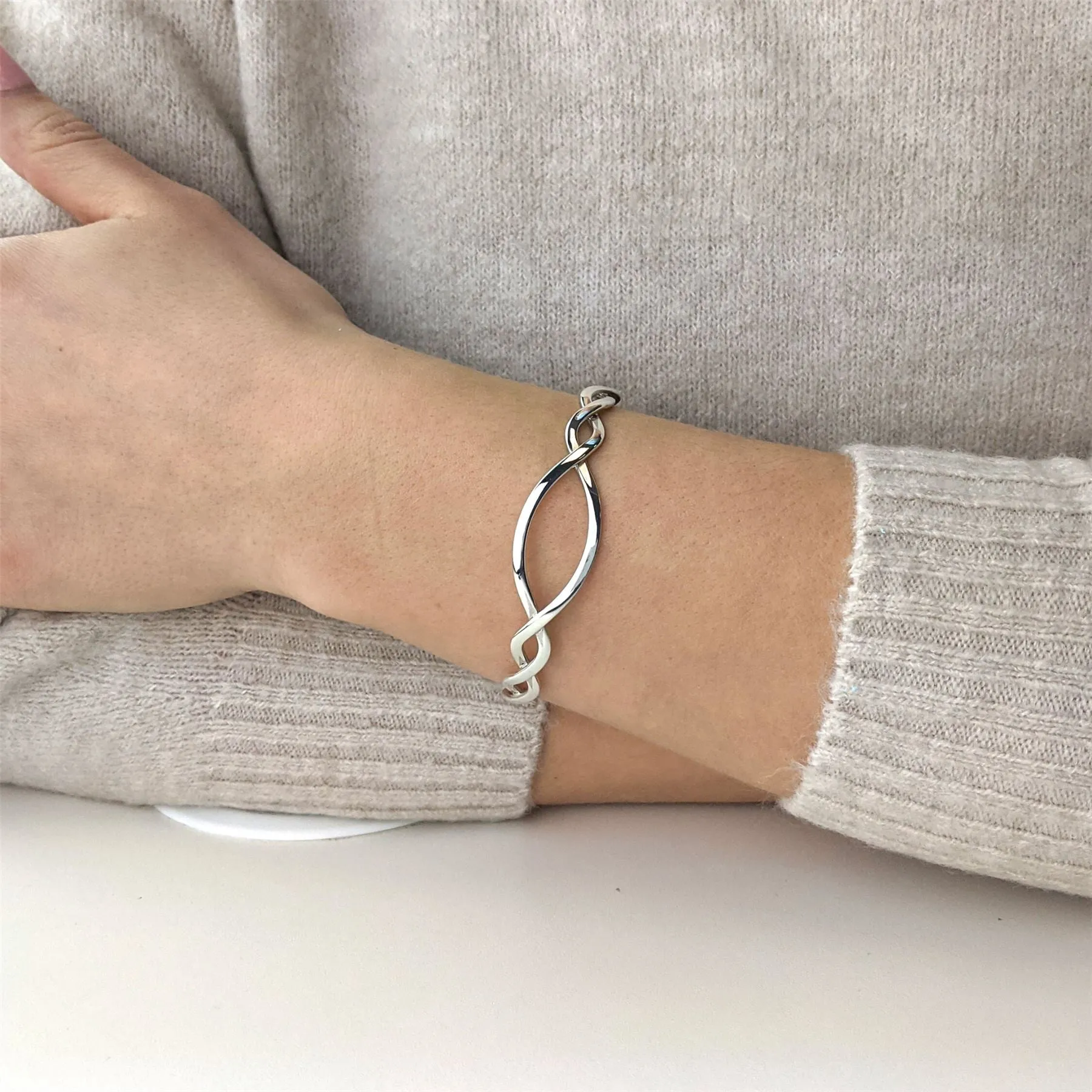 Sterling Silver Entwined Braided Adjustable Cuff Bangle - Wavy Twist Design