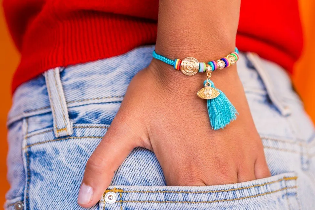 String Tassel Bracelet - Purple Evil Eye