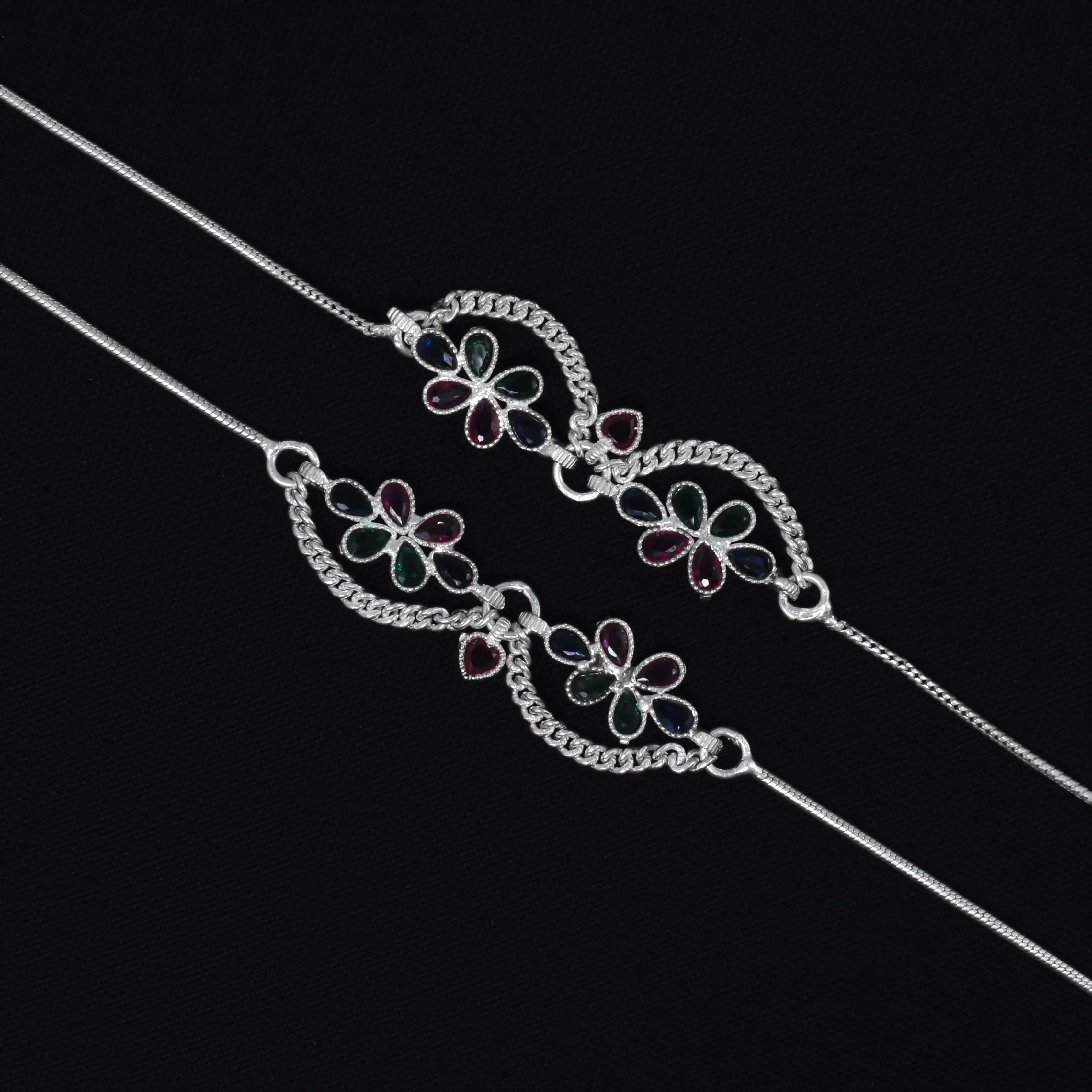Stylish Silver Payal Embellished with Chains and Sparkling Gems