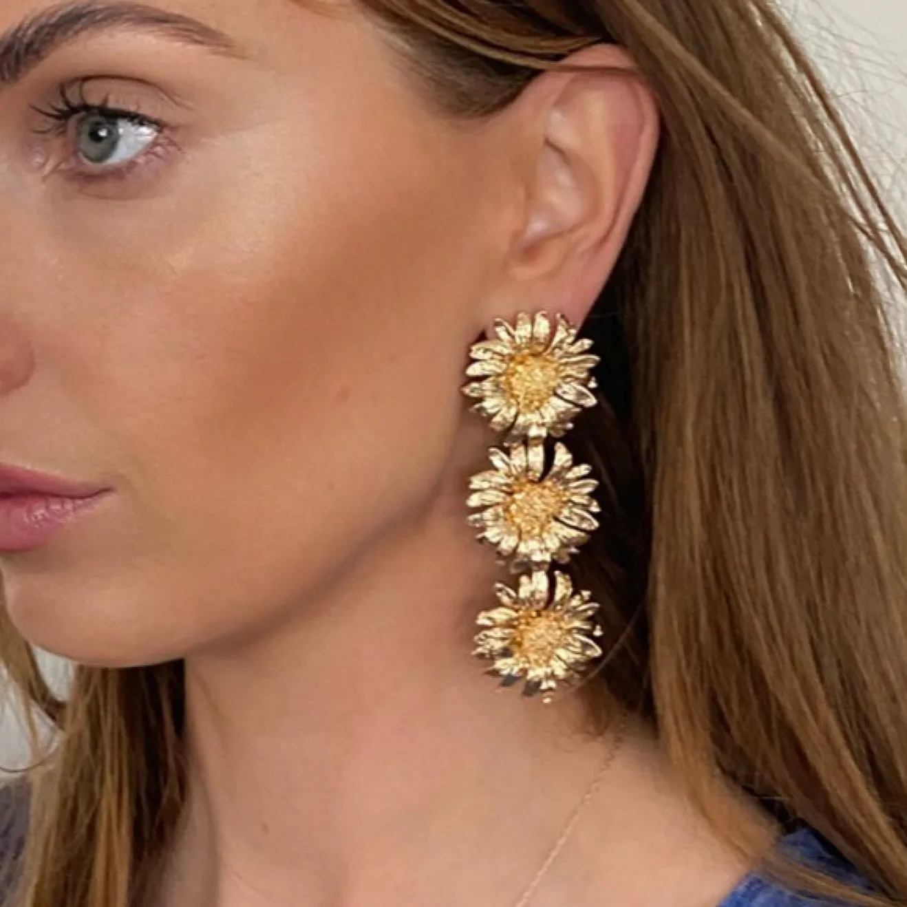 Sunflower Triple Gold Statement Earrings
