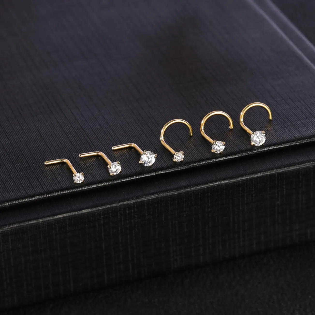 SYLWIA 14K Real Gold Nose Studs 20g 18g, L Shaped Nose Rings Corkscrew, Simulated Diamond CZ Hypoallergenic 18 20 Gauge Nose Ring Piercing for Women Wen Gifts - 2mm 2.5mm 3mm CZ