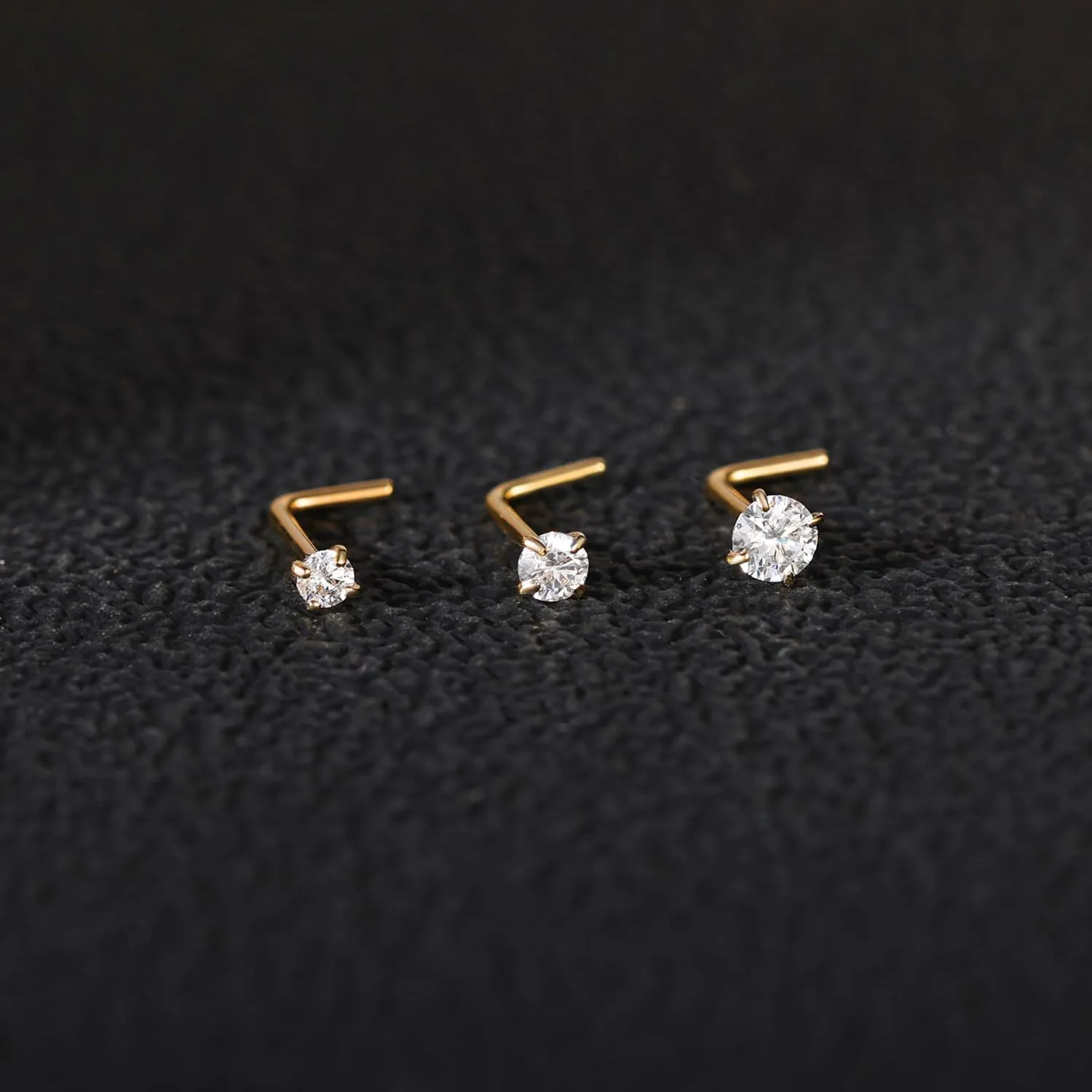 SYLWIA 14K Real Gold Nose Studs 20g 18g, L Shaped Nose Rings Corkscrew, Simulated Diamond CZ Hypoallergenic 18 20 Gauge Nose Ring Piercing for Women Wen Gifts - 2mm 2.5mm 3mm CZ