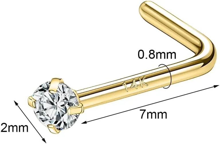 SYLWIA 14K Real Gold Nose Studs 20g 18g, L Shaped Nose Rings Corkscrew, Simulated Diamond CZ Hypoallergenic 18 20 Gauge Nose Ring Piercing for Women Wen Gifts - 2mm 2.5mm 3mm CZ