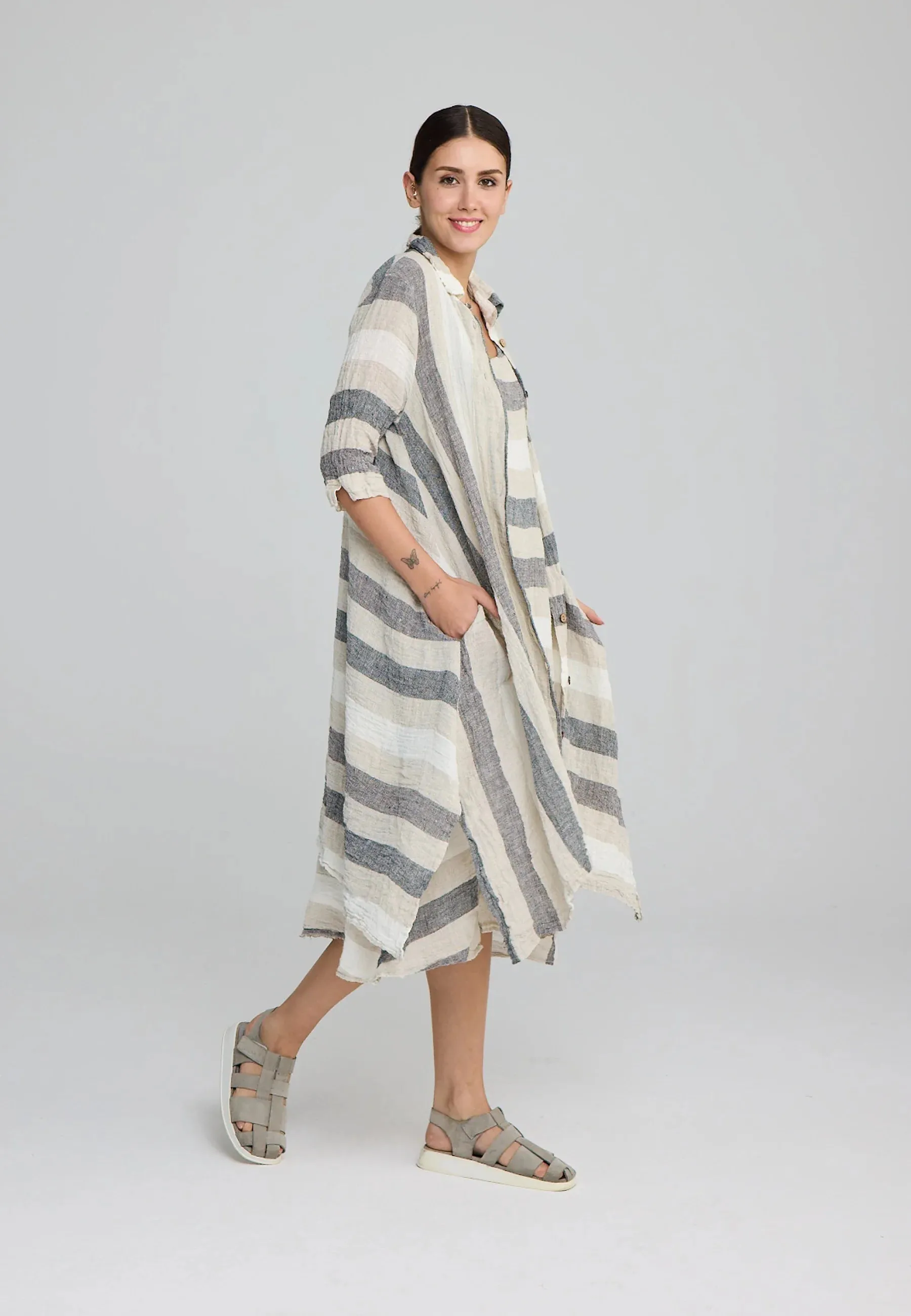 TALIA – Long Striped Gauze Linen Shirt/Dress