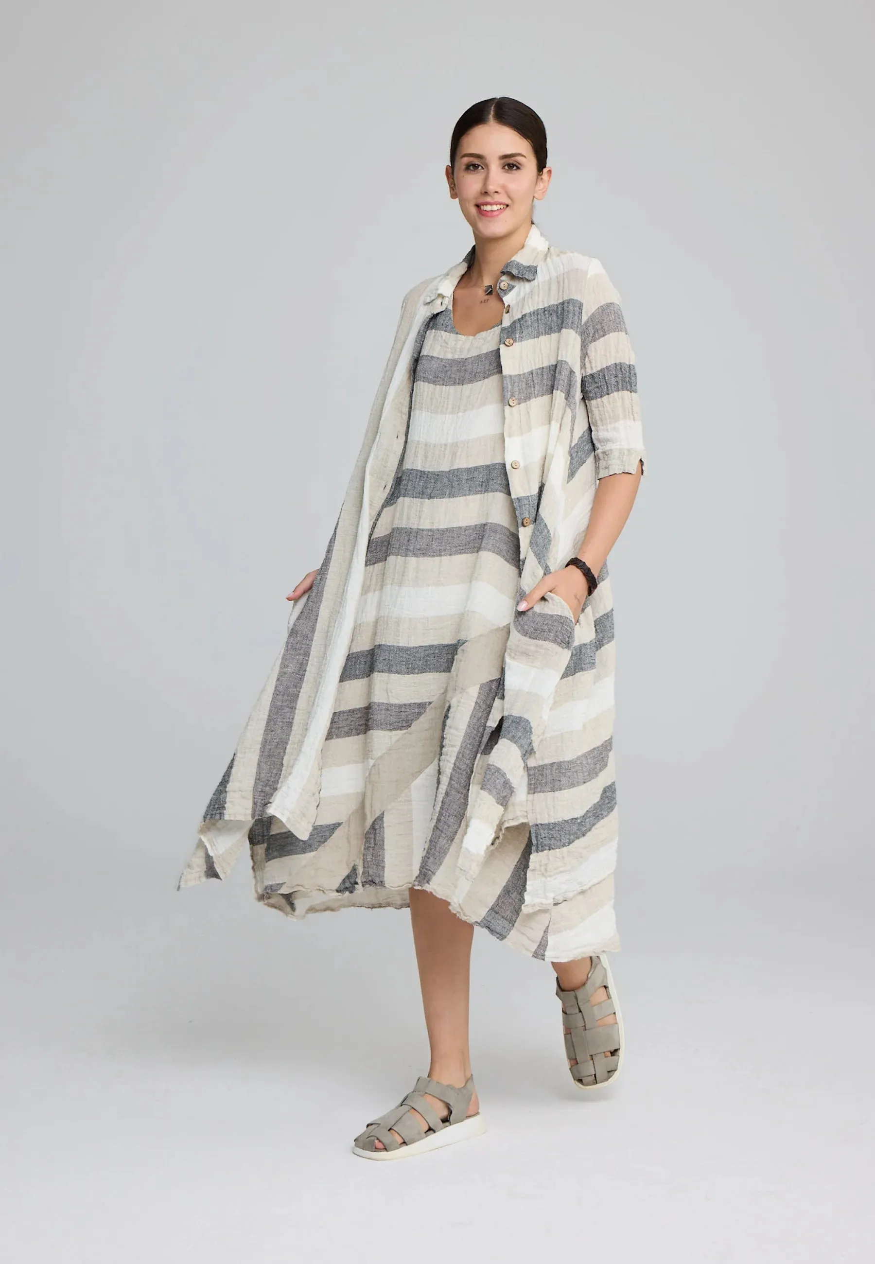 TALIA – Long Striped Gauze Linen Shirt/Dress