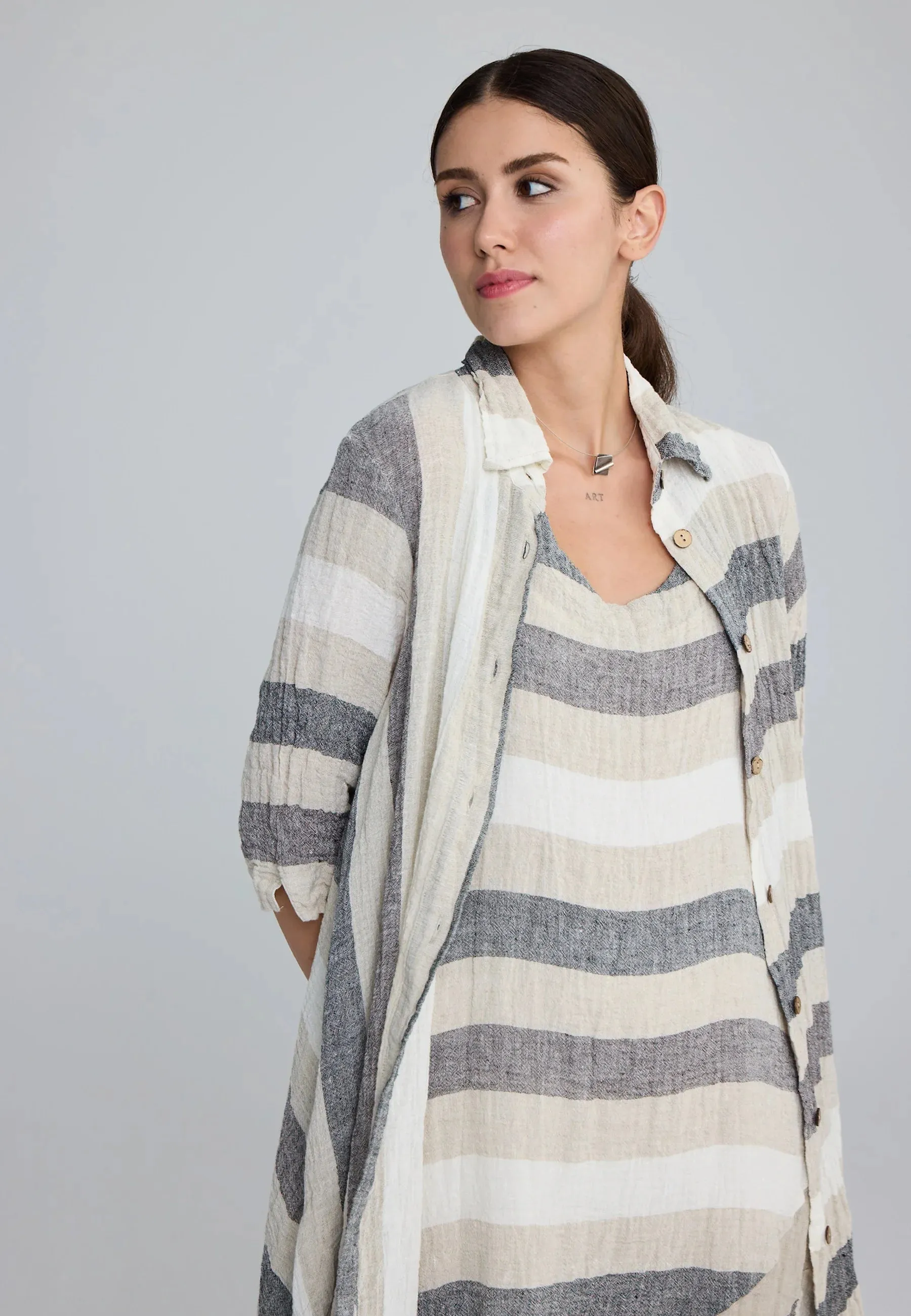 TALIA – Long Striped Gauze Linen Shirt/Dress