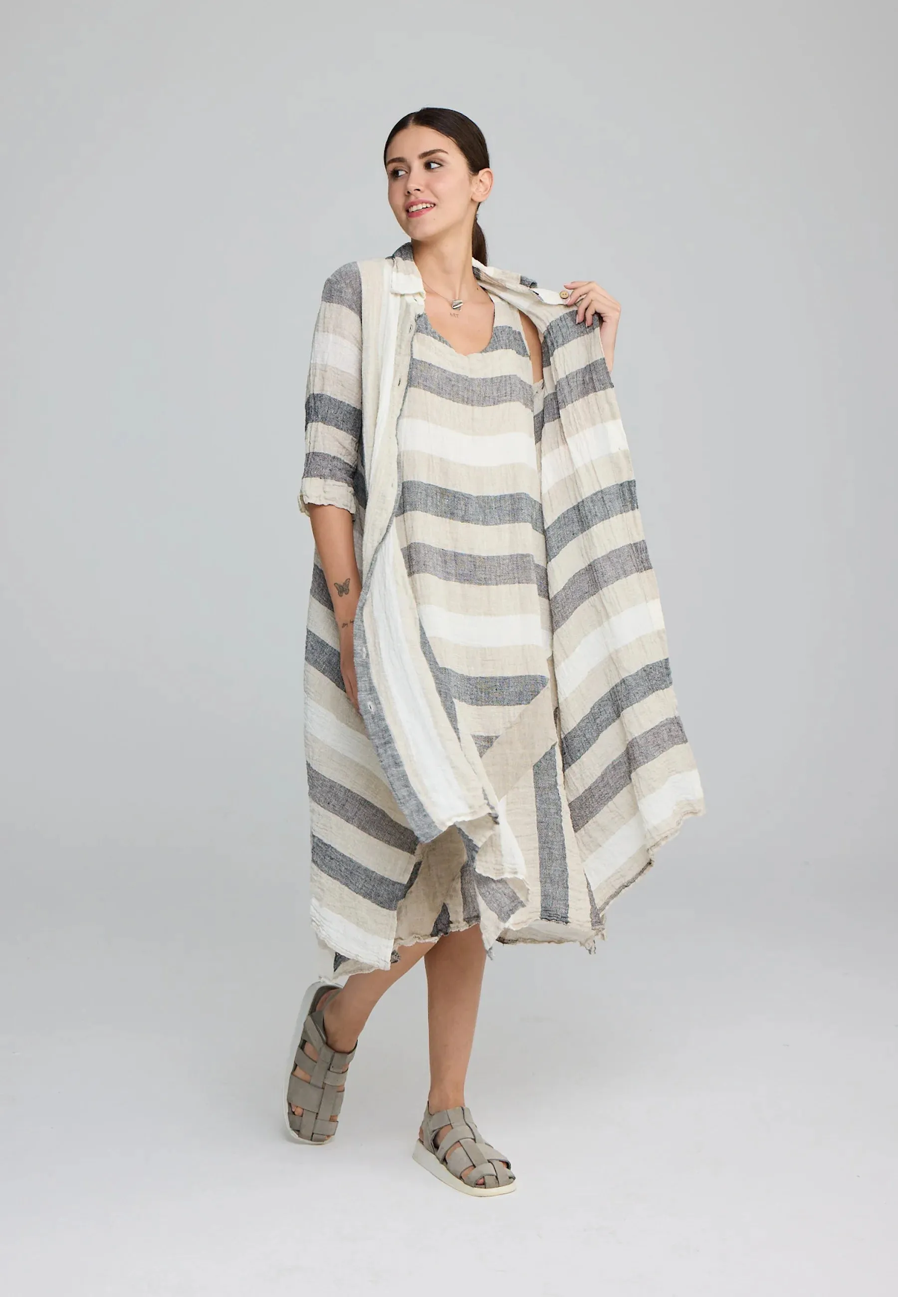 TALIA – Long Striped Gauze Linen Shirt/Dress