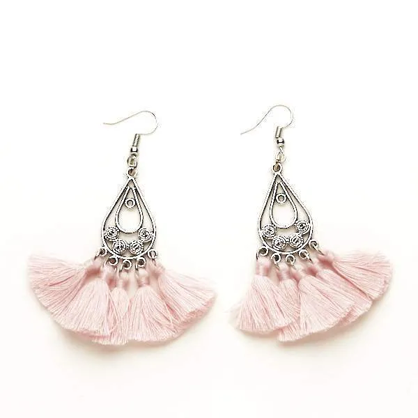 Tear Drop Tassel Earrings - Blush Pink