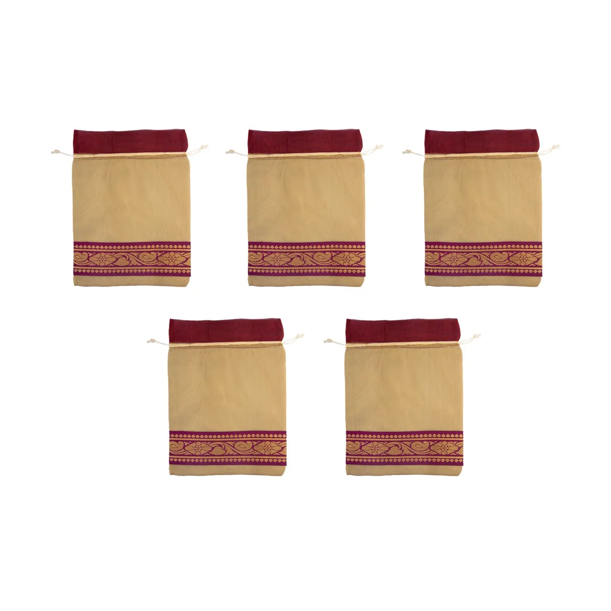 Thamboolam Bag Set - 9 x 11 Inches | 5 Pcs/ Jari Border Design Potli Bag/ Tambula Bag for Wedding/ Assorted Colour