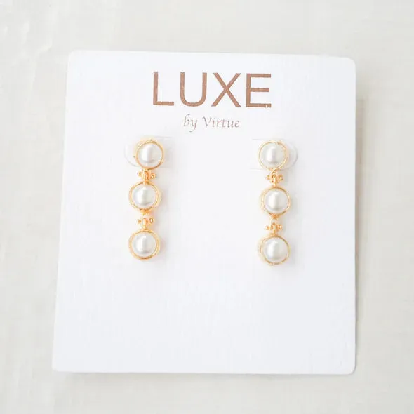 The Lynda Luxe Triple Drop Pearl Earrings by Virtue Jewelry