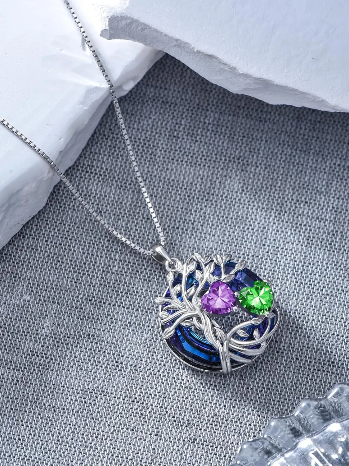 TOUPOP s925 Sterling Silver Family Celtic Tree of Life Pendant Necklaces with 2 Heart Birthstone with Blue Austrian Crystal Jewelry Birthday Anniversary Christmas Gifts for Her Wife Girlfriend Mom (18K Real White Gold Filled)