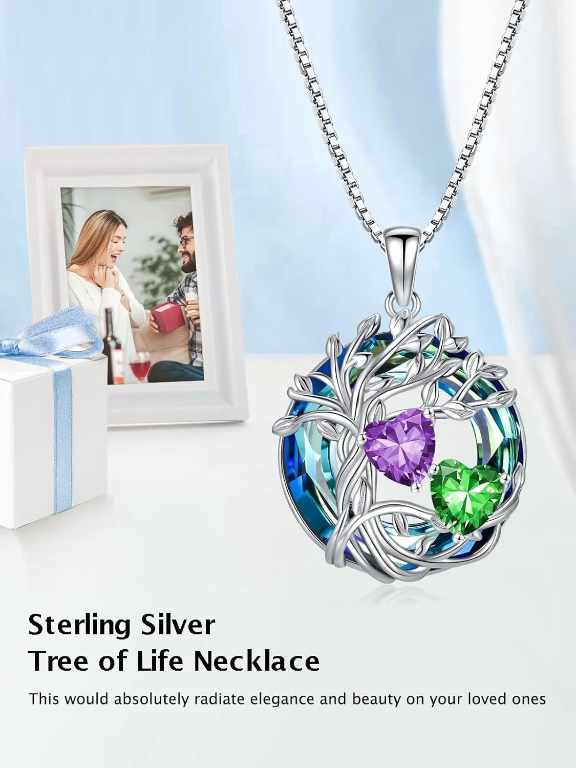 TOUPOP s925 Sterling Silver Family Celtic Tree of Life Pendant Necklaces with 2 Heart Birthstone with Blue Austrian Crystal Jewelry Birthday Anniversary Christmas Gifts for Her Wife Girlfriend Mom (18K Real White Gold Filled)