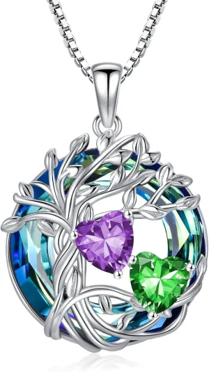 TOUPOP s925 Sterling Silver Family Celtic Tree of Life Pendant Necklaces with 2 Heart Birthstone with Blue Austrian Crystal Jewelry Birthday Anniversary Christmas Gifts for Her Wife Girlfriend Mom (18K Real White Gold Filled)