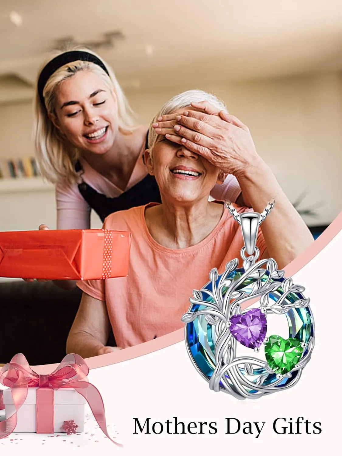 TOUPOP s925 Sterling Silver Family Celtic Tree of Life Pendant Necklaces with 2 Heart Birthstone with Blue Austrian Crystal Jewelry Birthday Anniversary Christmas Gifts for Her Wife Girlfriend Mom (18K Real White Gold Filled)