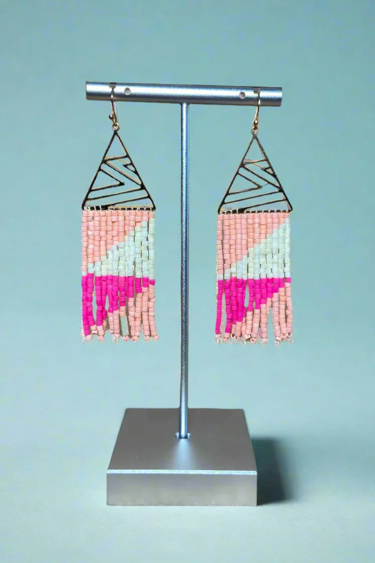 Triangle Beaded Fringe Earrings Pink