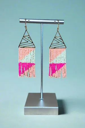 Triangle Beaded Fringe Earrings Pink