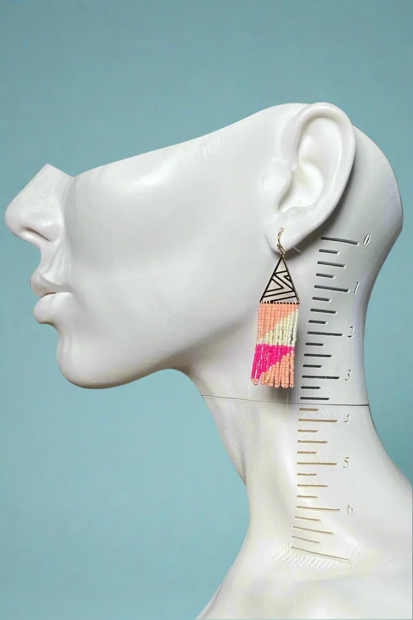 Triangle Beaded Fringe Earrings Pink