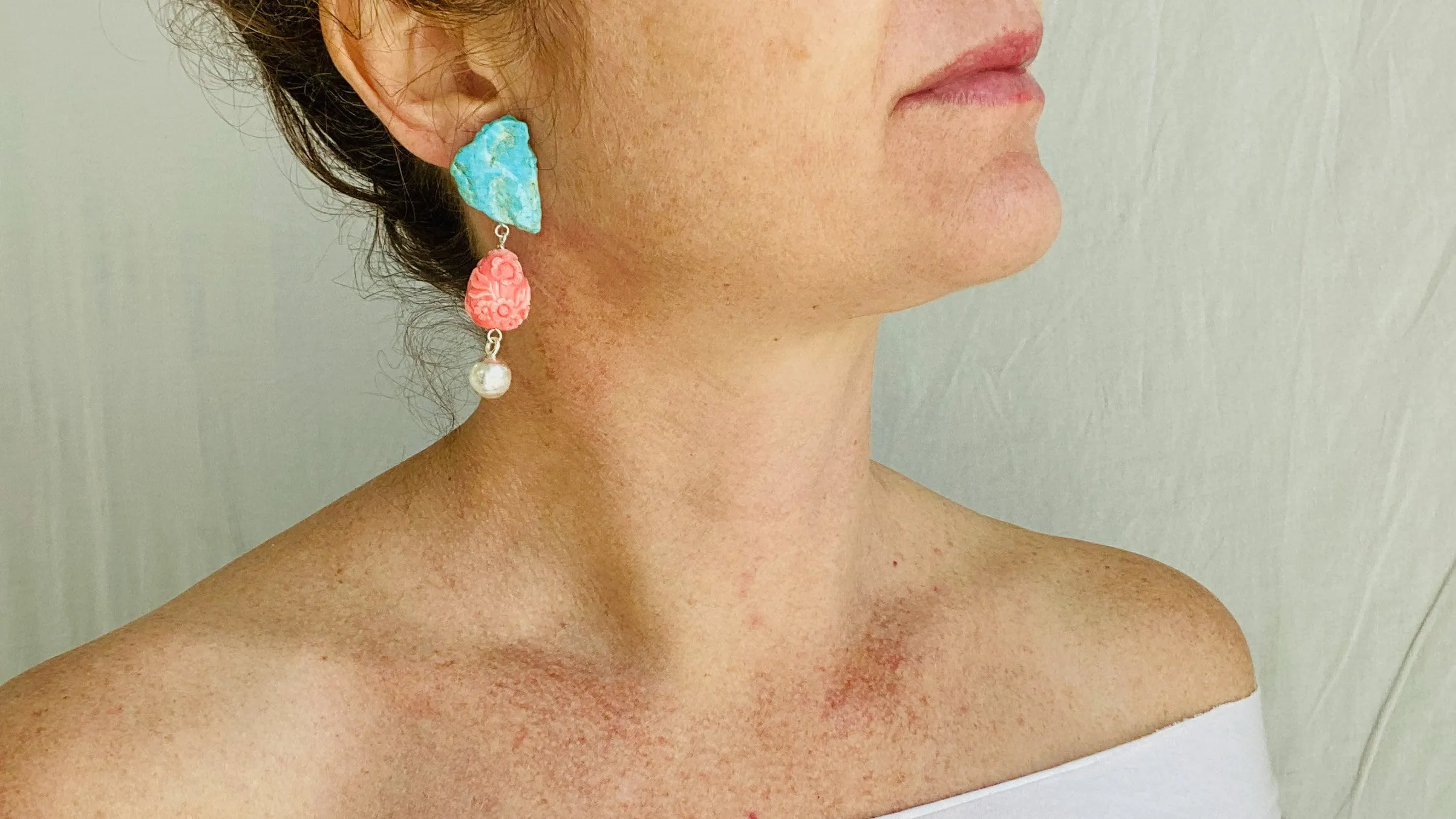 Turquoise & Faux Shell Earrings.
