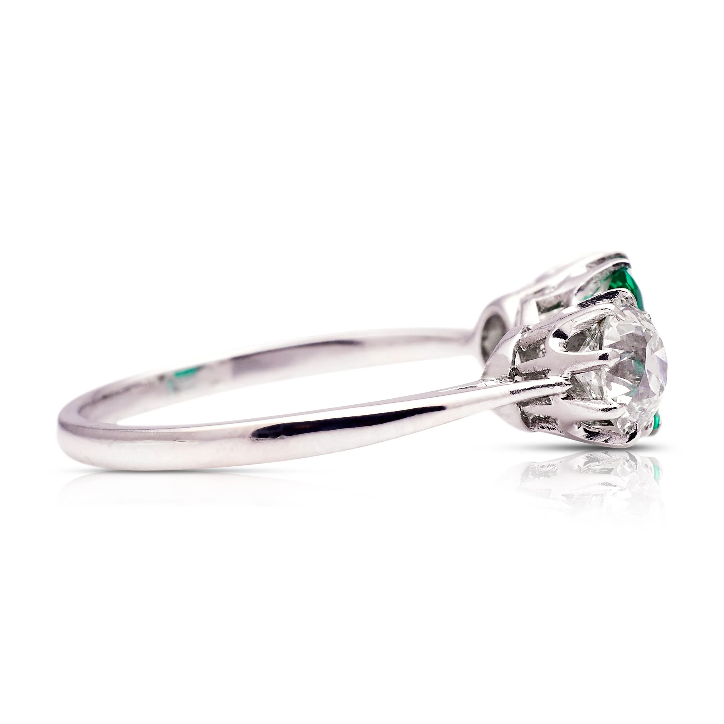Vintage, Art Deco vibrant emerald & diamond three stone ring, platinum