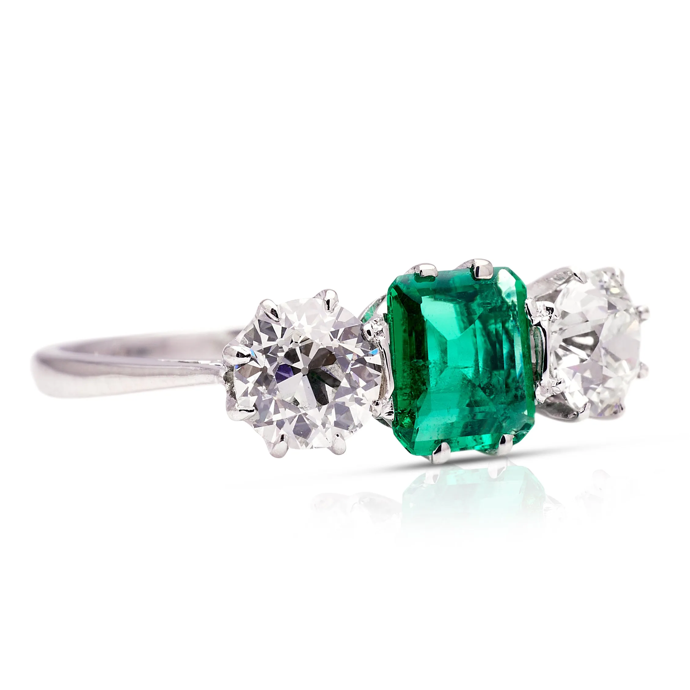 Vintage, Art Deco vibrant emerald & diamond three stone ring, platinum