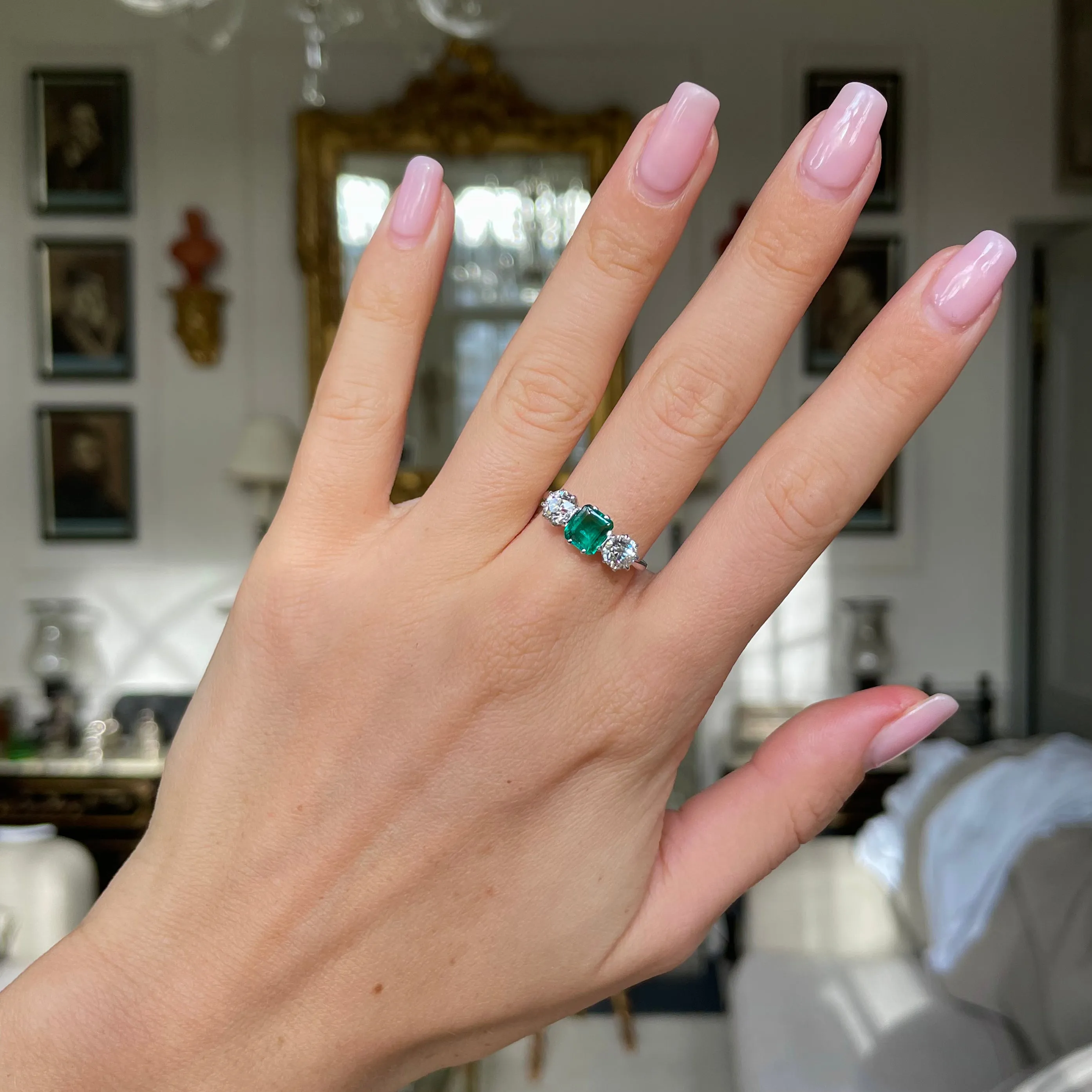 Vintage, Art Deco vibrant emerald & diamond three stone ring, platinum