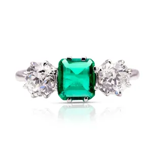 Vintage, Art Deco vibrant emerald & diamond three stone ring, platinum