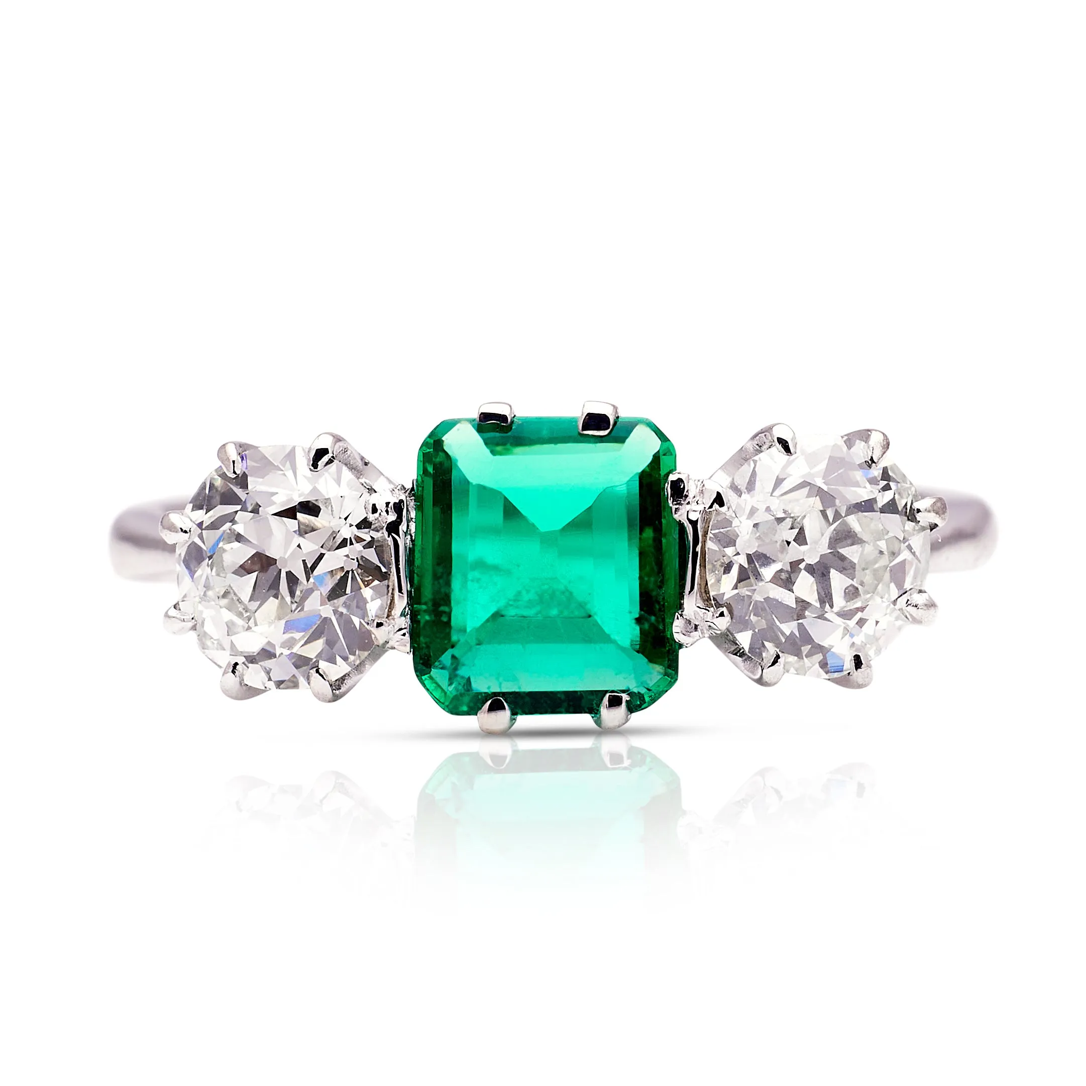 Vintage, Art Deco vibrant emerald & diamond three stone ring, platinum