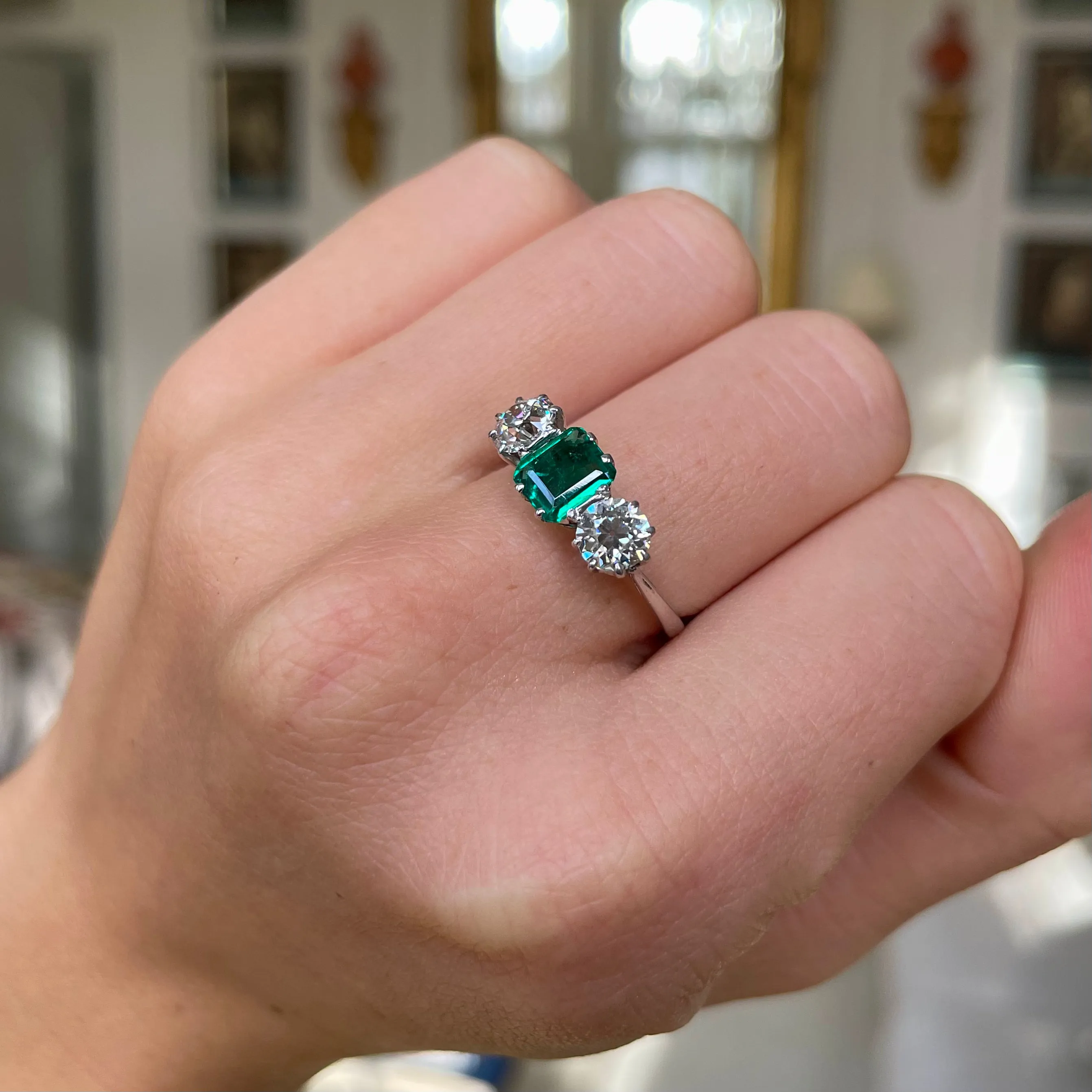 Vintage, Art Deco vibrant emerald & diamond three stone ring, platinum