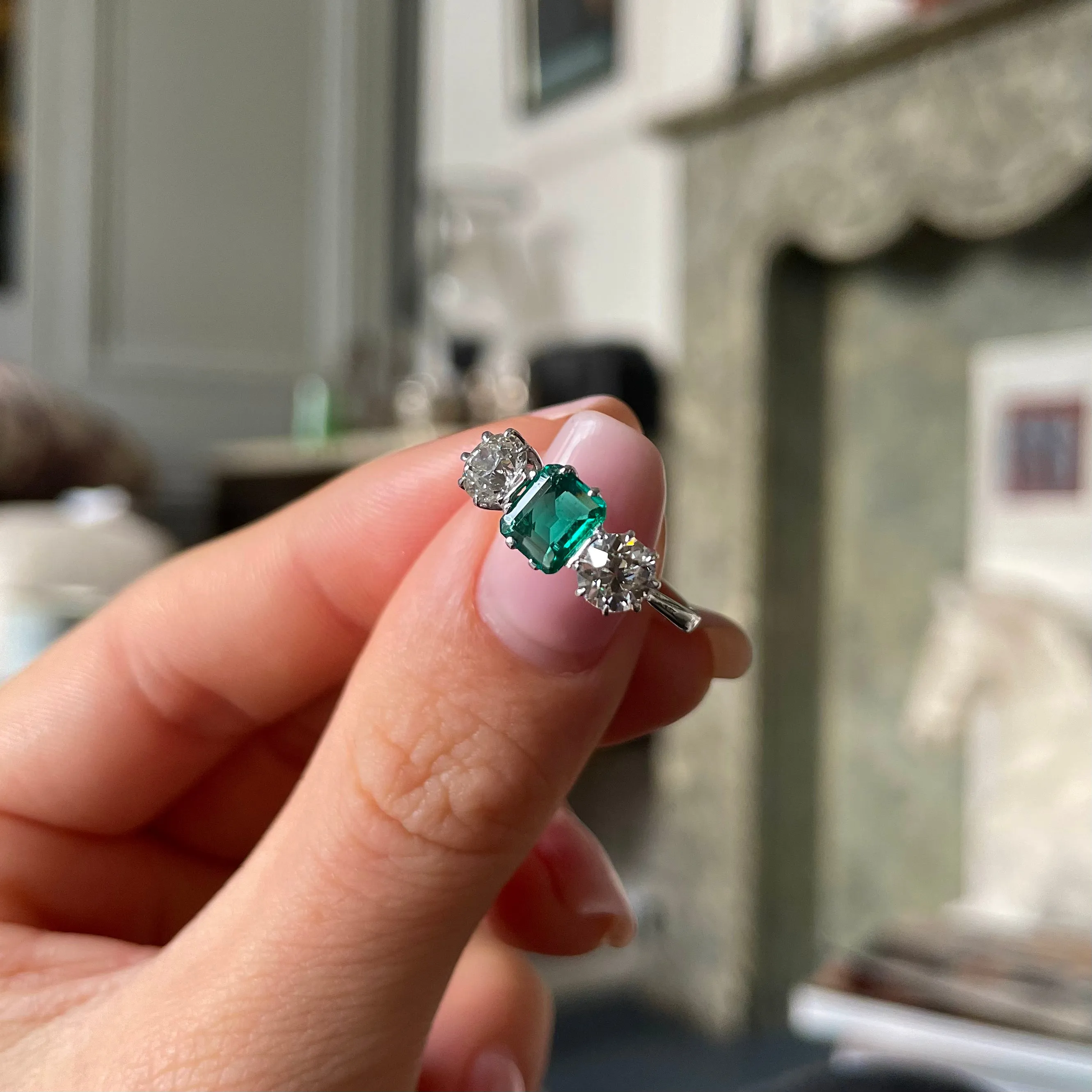 Vintage, Art Deco vibrant emerald & diamond three stone ring, platinum