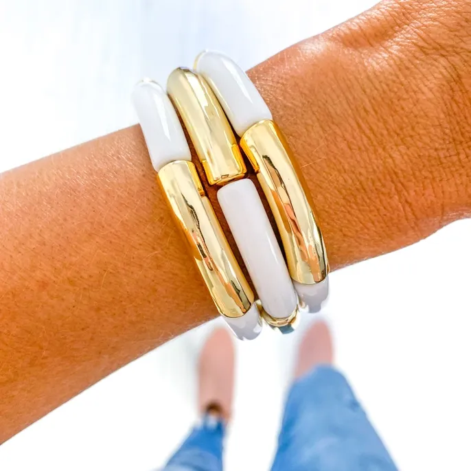 White Acrylic Tube Bamboo Bracelet (small discs)
